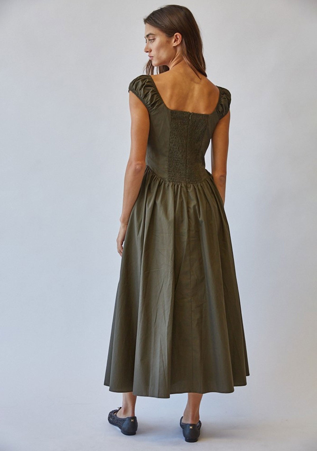 Josie Poplin Tie Front Bow Midi Dress Olive