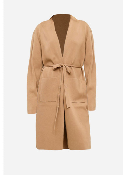 ジャケット・アウター BELTED COWTIN SWEATER / BROWN x IVORY BELTED COWTIN SWEATER / BROWN x IVORY Woollen coat with belt