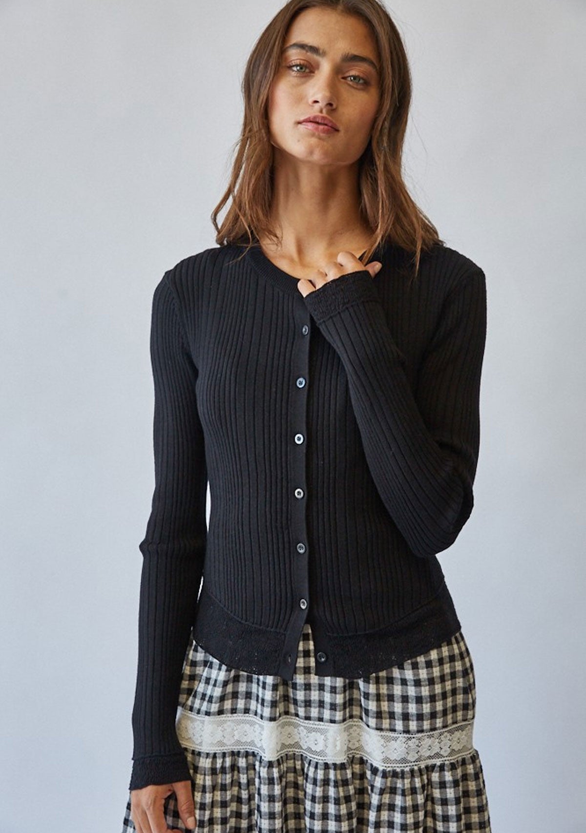 Lace Hem Rib Knit Cardigan Black