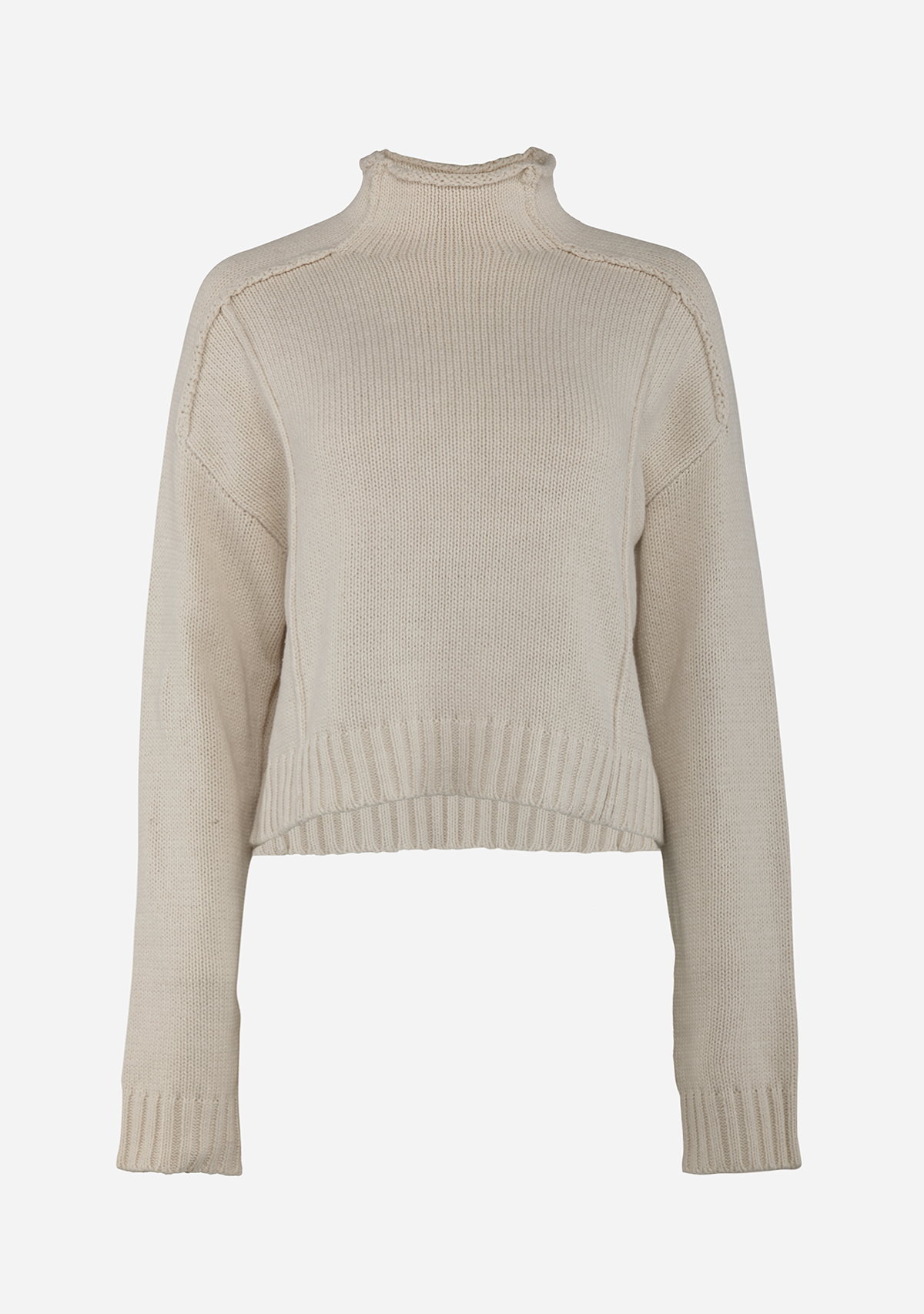 Mock Neck Cotton Blend Exposed Seam Sweater Oatmeal