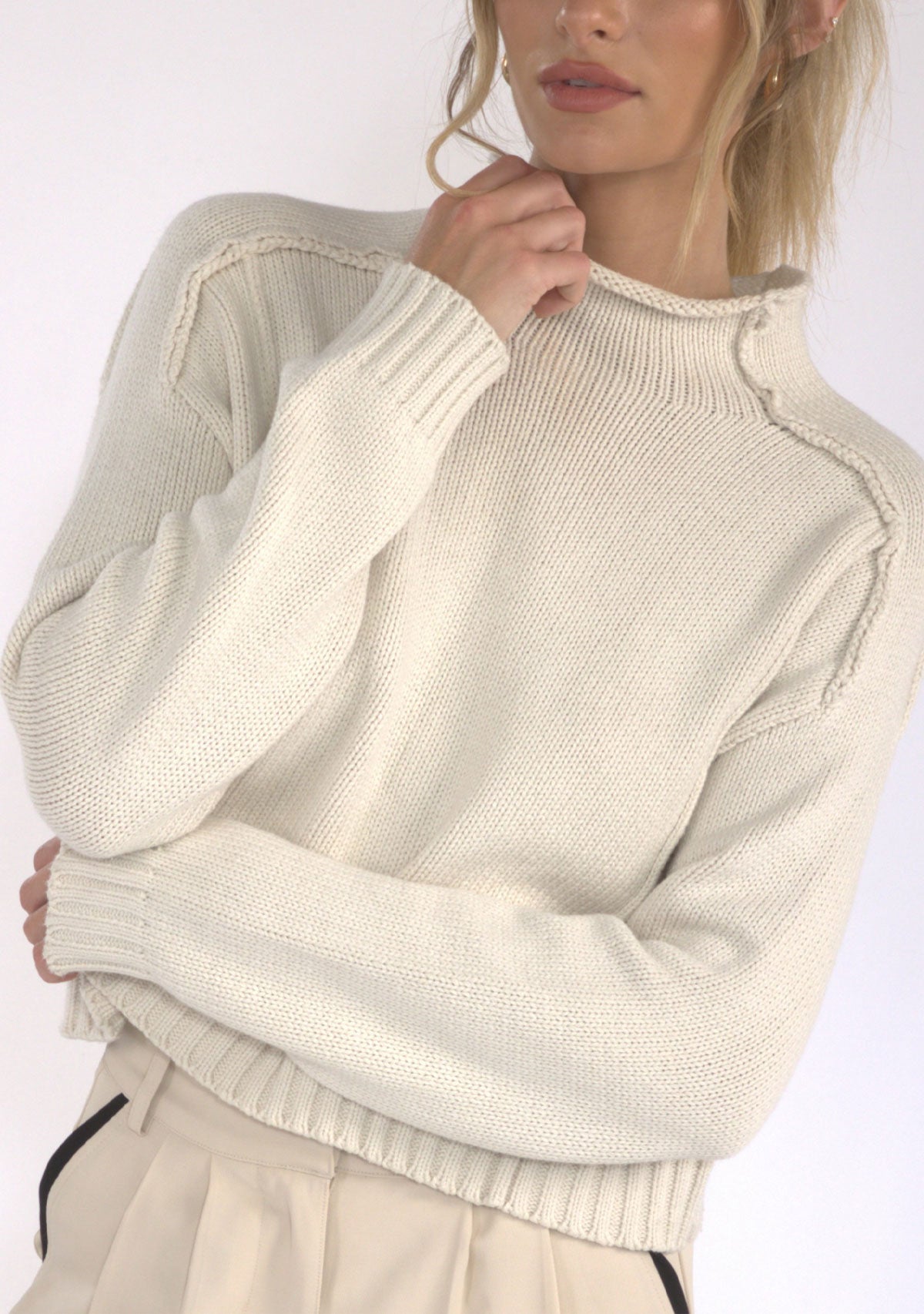 Mock Neck Cotton Blend Exposed Seam Sweater Oatmeal