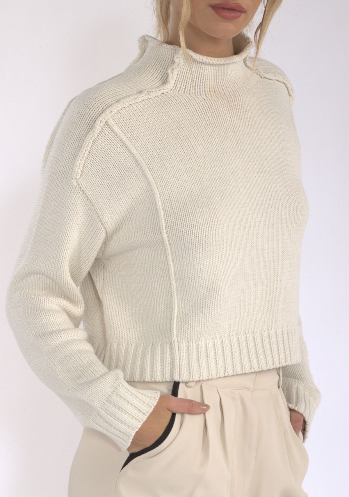 Mock Neck Cotton Blend Exposed Seam Sweater Oatmeal