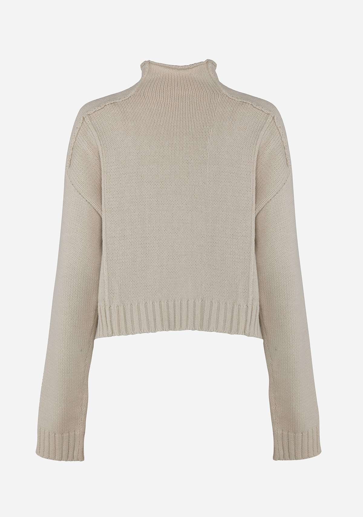 Mock Neck Cotton Blend Exposed Seam Sweater Oatmeal