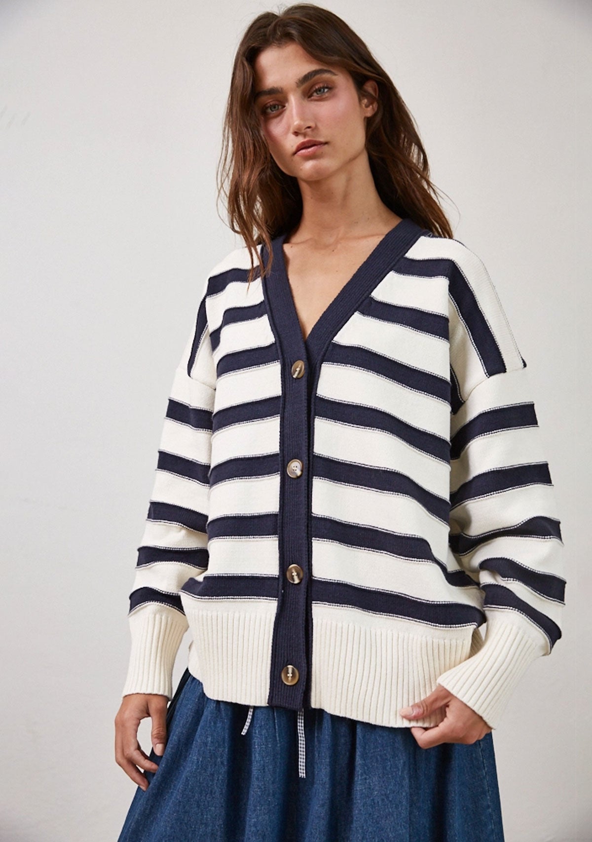 Neutral Stripe Oversized Cardigan Cream/Navy