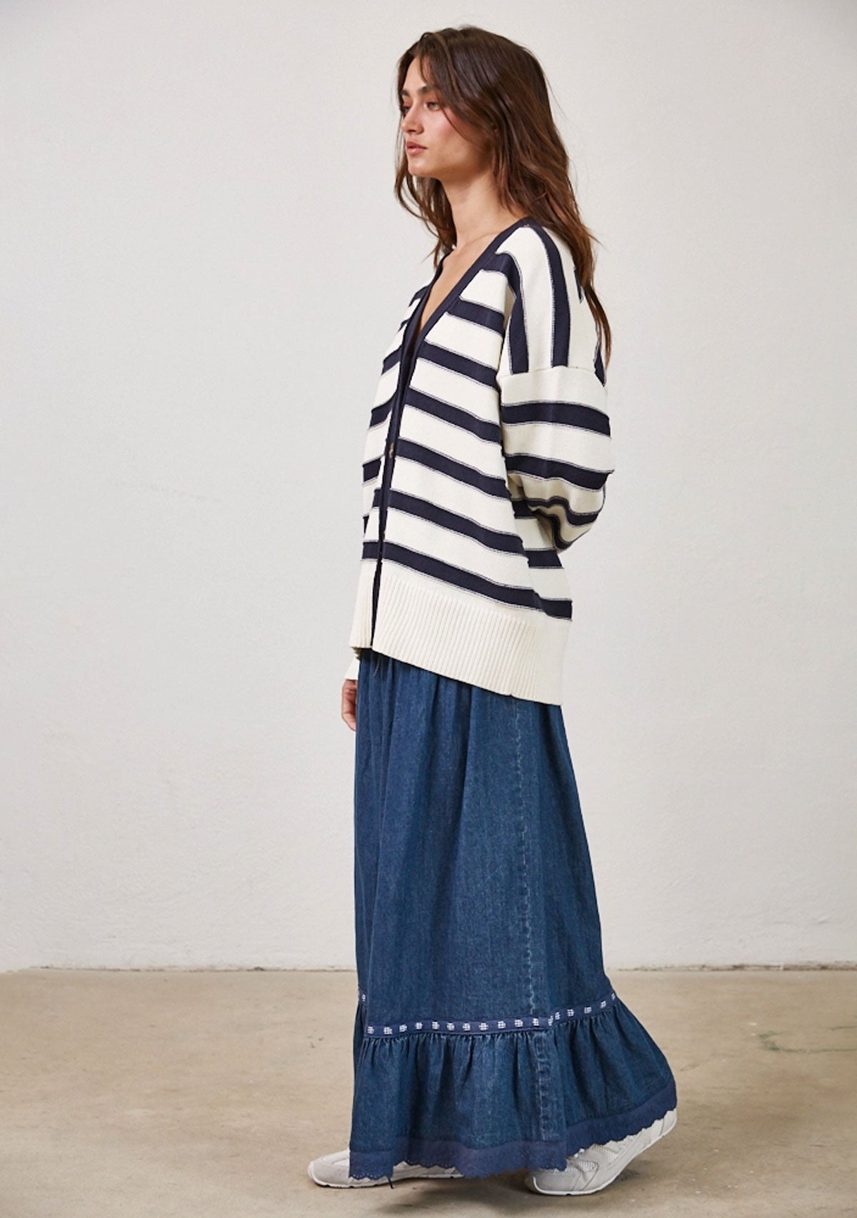Neutral Stripe Oversized Cardigan Cream/Navy
