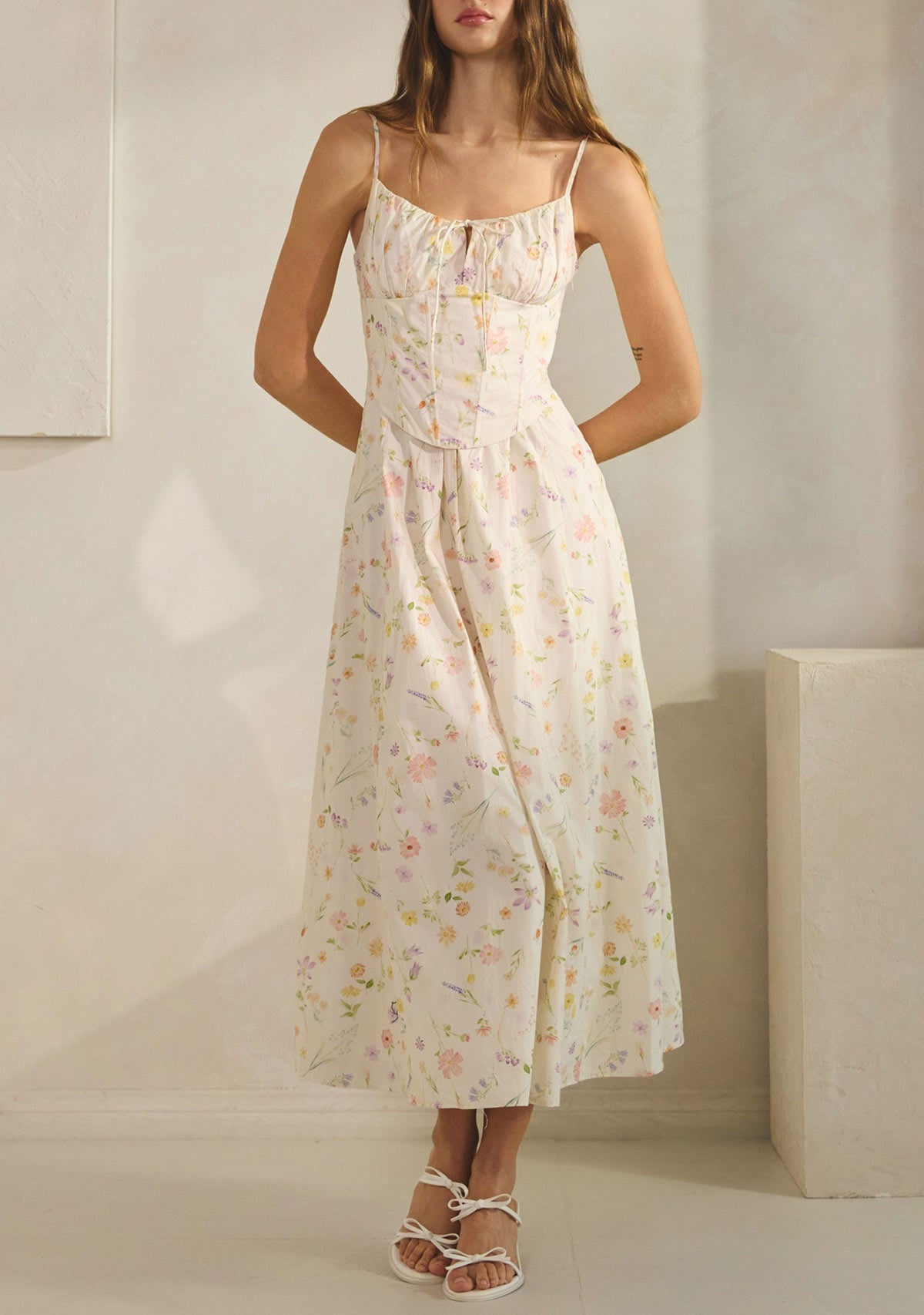 Magnolia Cotton Corset Boning Maxi Dress Cream Floral