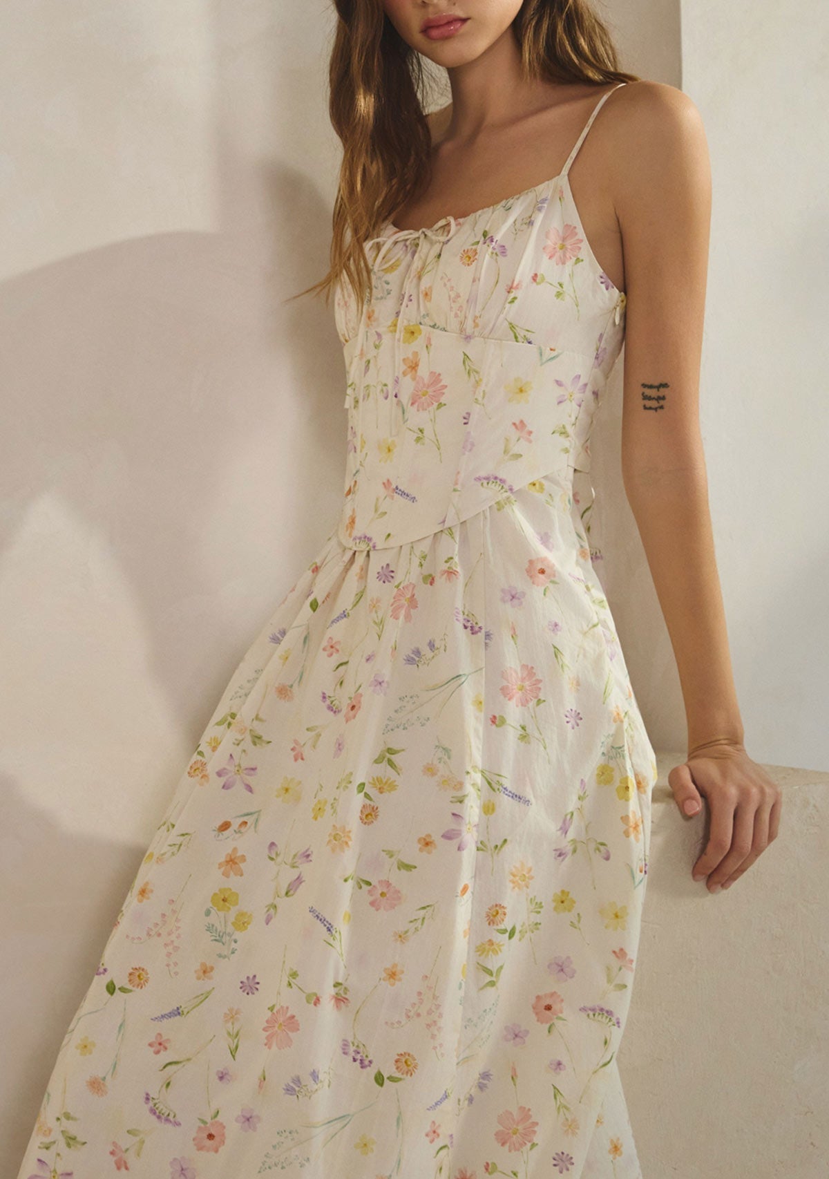 Magnolia Cotton Corset Boning Maxi Dress Cream Floral