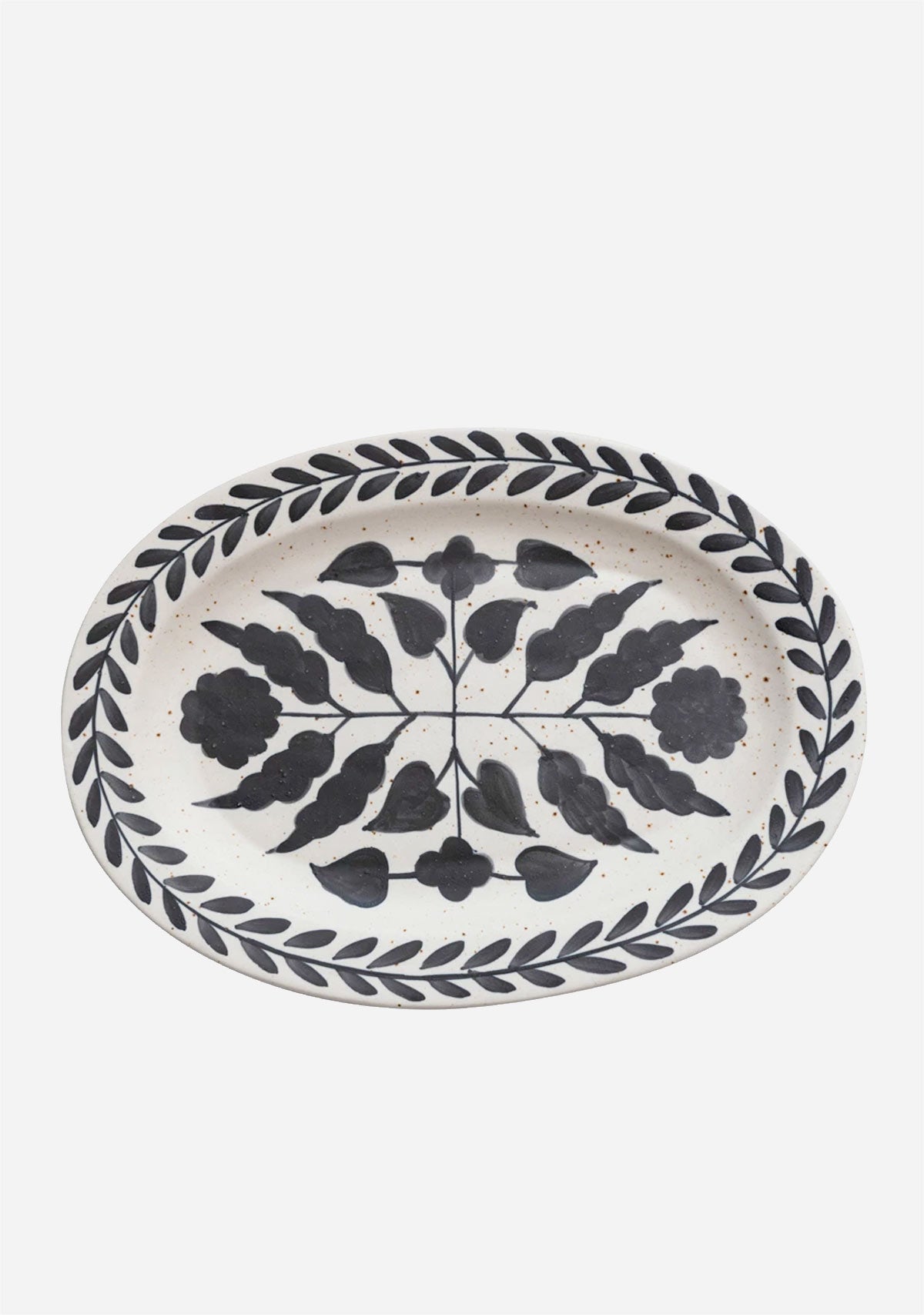 Hand-Painted Stoneware Platter w/ Floral Design, Matte Black & Cream Color Speckled