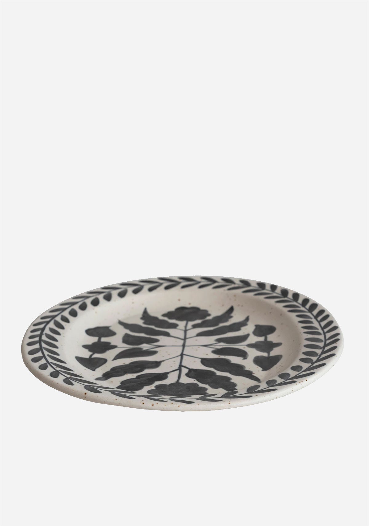 Hand-Painted Stoneware Platter w/ Floral Design, Matte Black & Cream Color Speckled