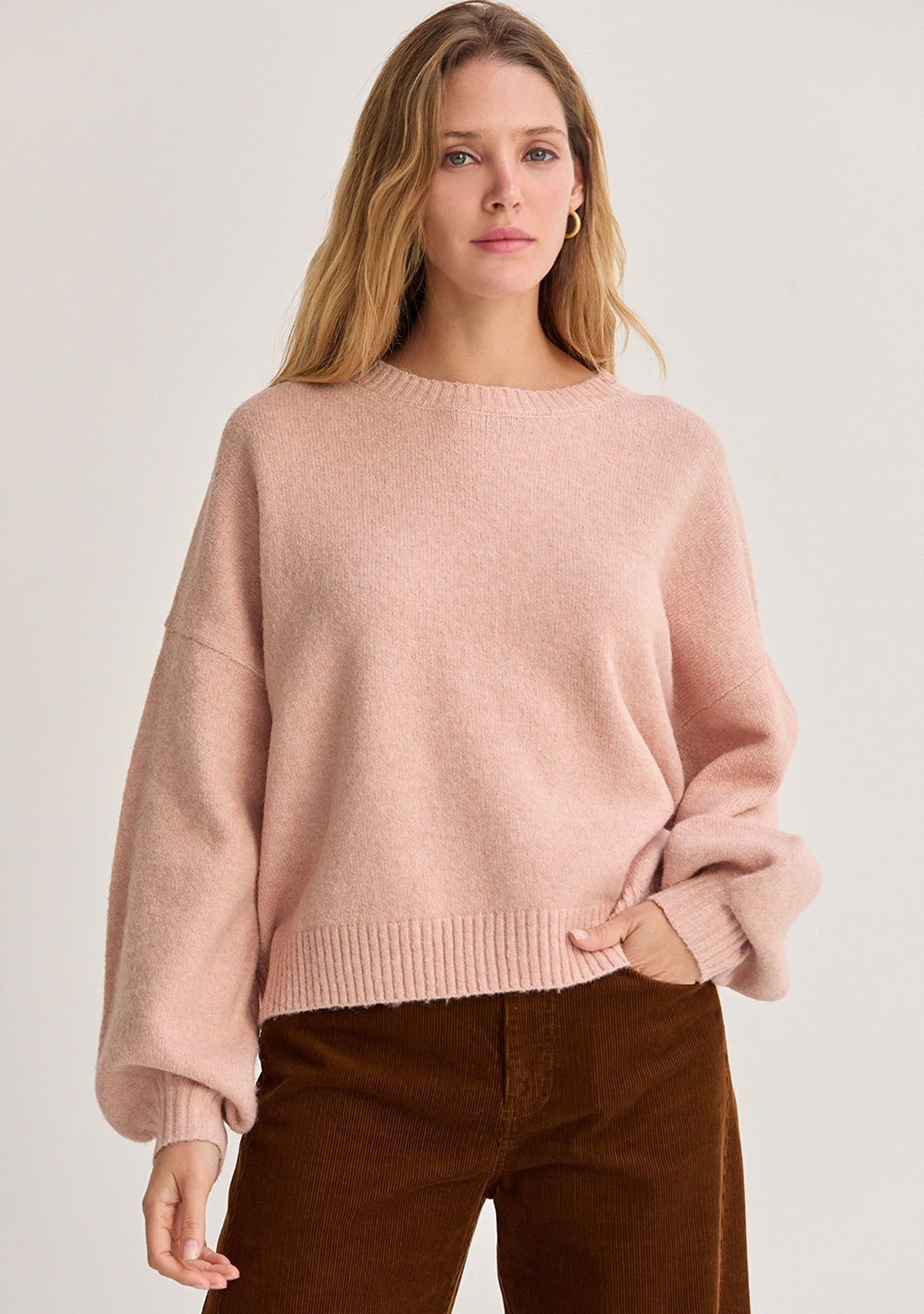 Josie Ballon Sleeve Crewneck Sweater Pink