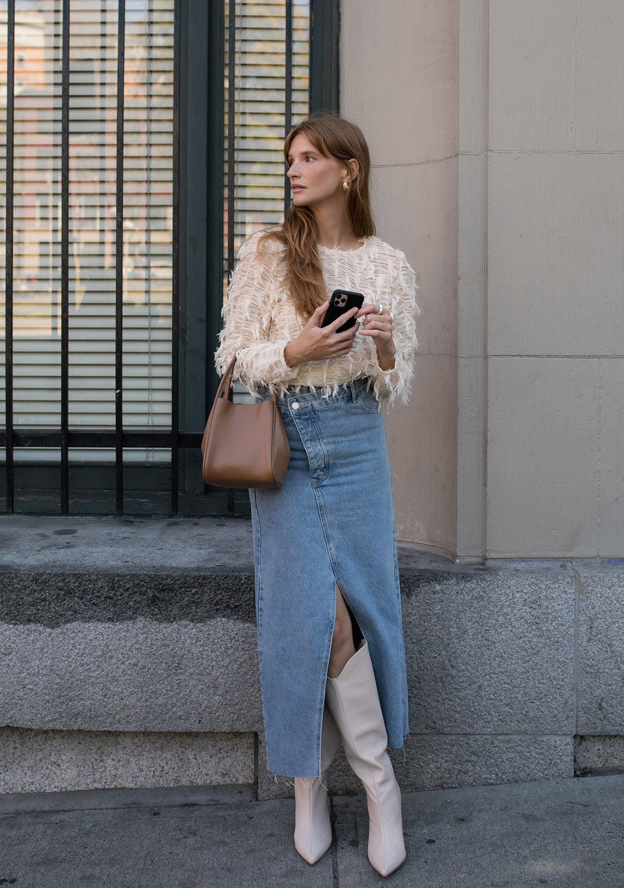 Denim shirt and long sales skirt