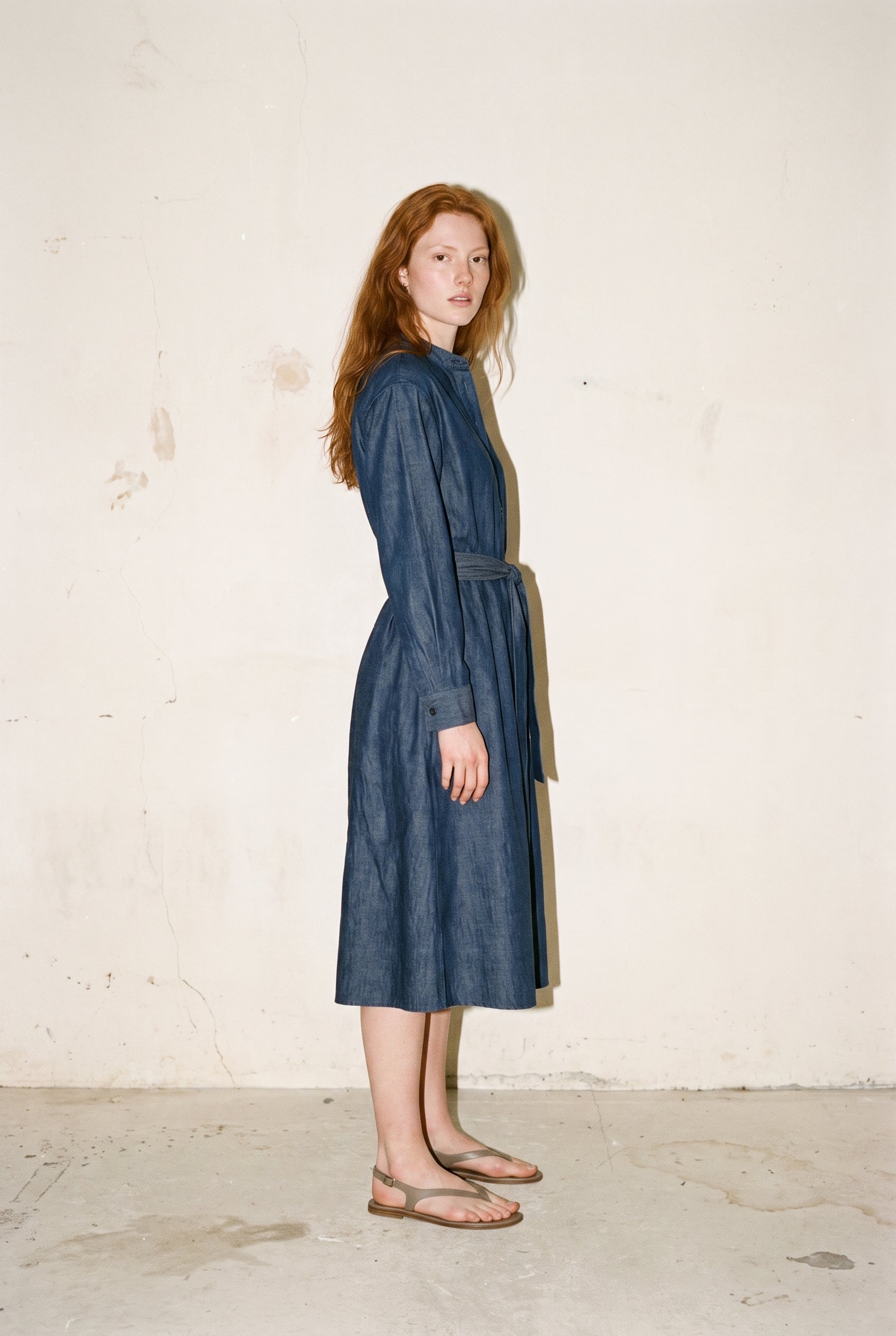 Belted Shirt Midi Dress Denim Blue