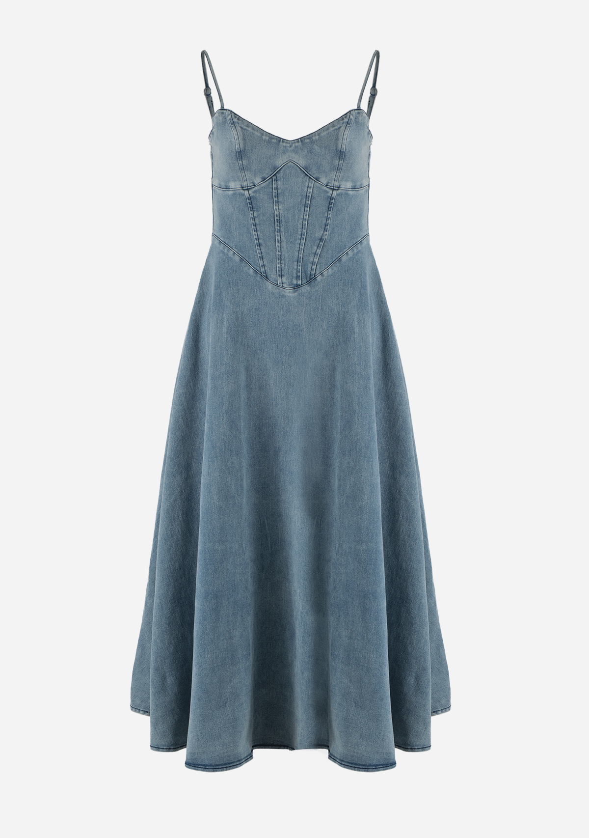 Denim Paneled a Line Midi Dress Denim