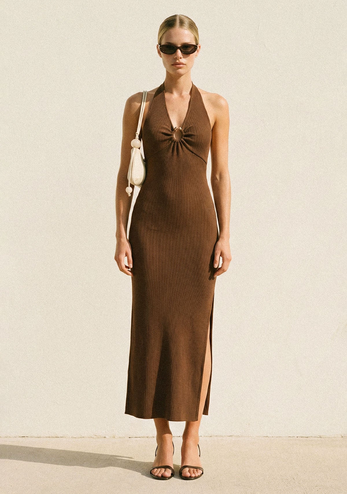 Helios Glow Gold Trim Halter Dress Hazel Brown