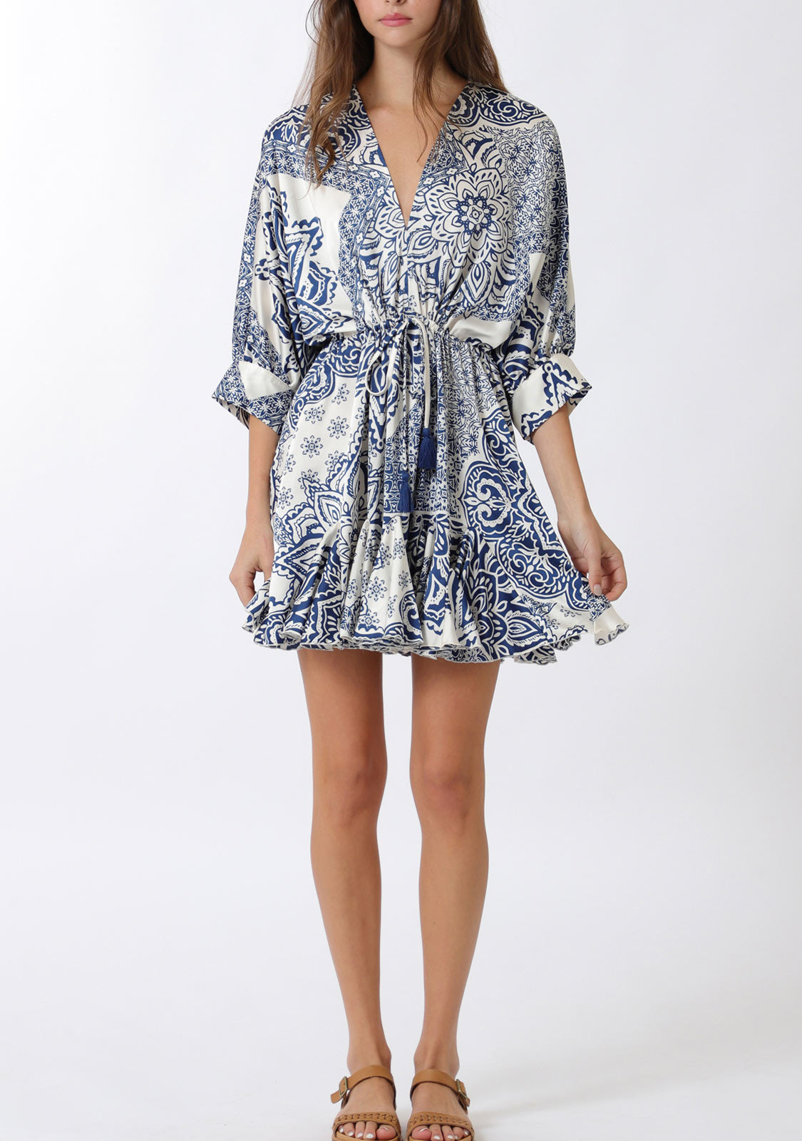 Dolman 3/4 Sleeve Detail Tie Waist Mini Dress