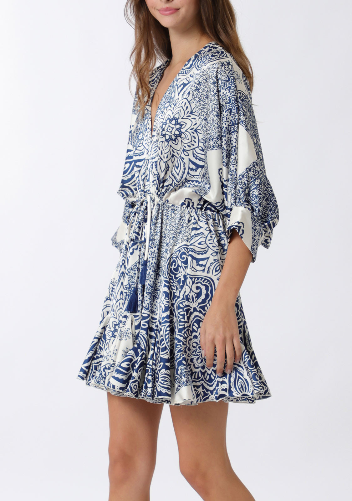 Dolman 3/4 Sleeve Detail Tie Waist Mini Dress