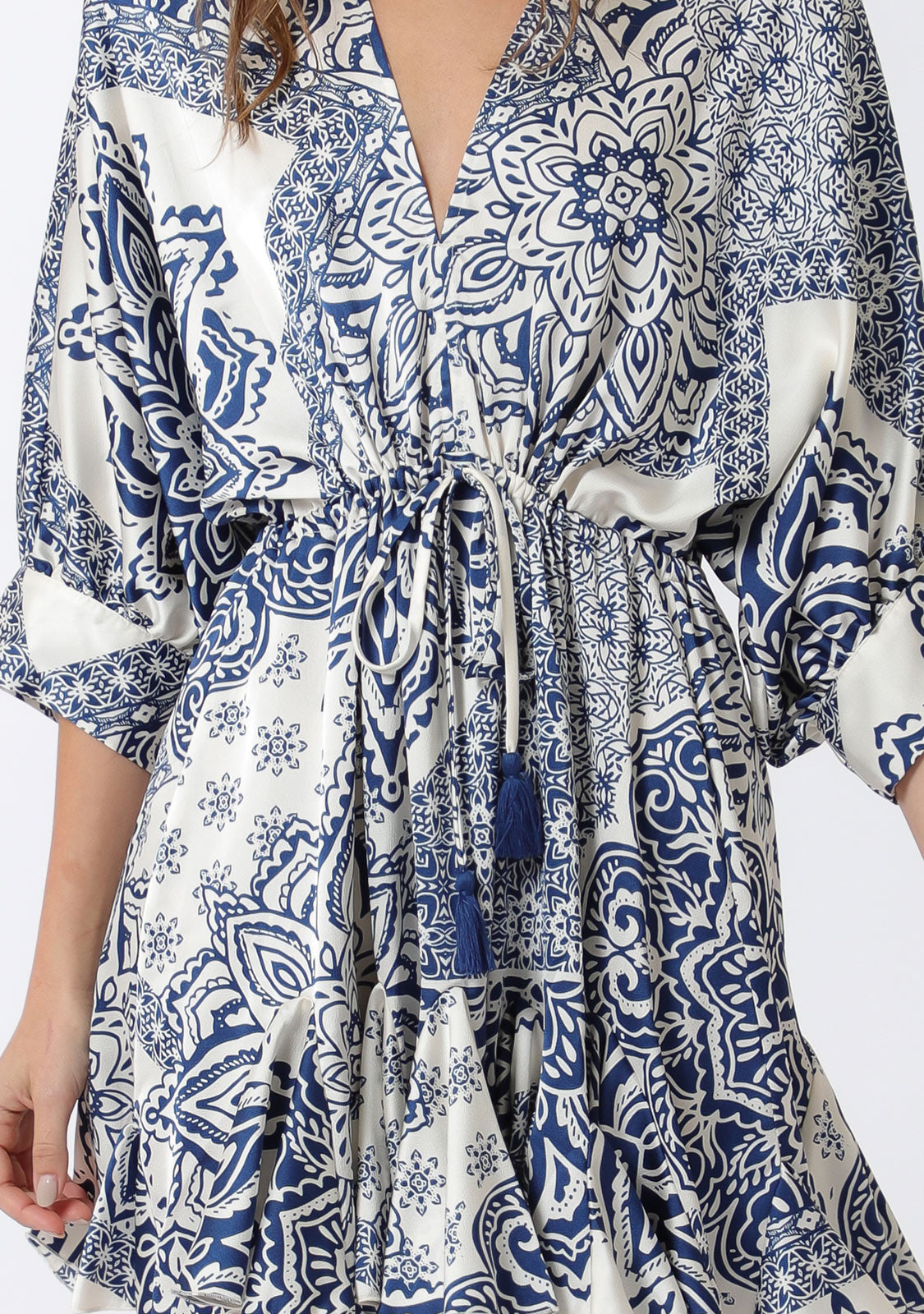 Dolman 3/4 Sleeve Detail Tie Waist Mini Dress