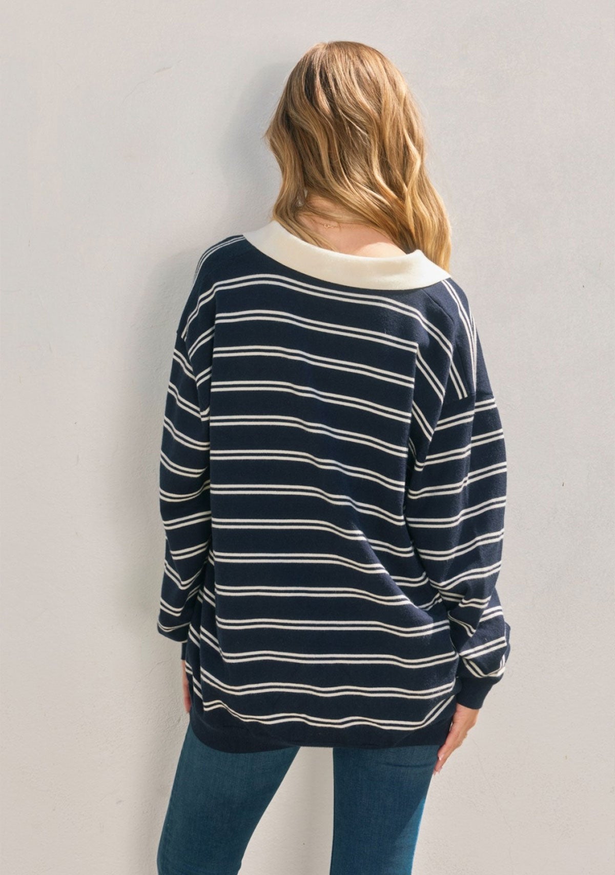 Bear Lodge Striped Oversized Polo Sweater Navy/Ivory
