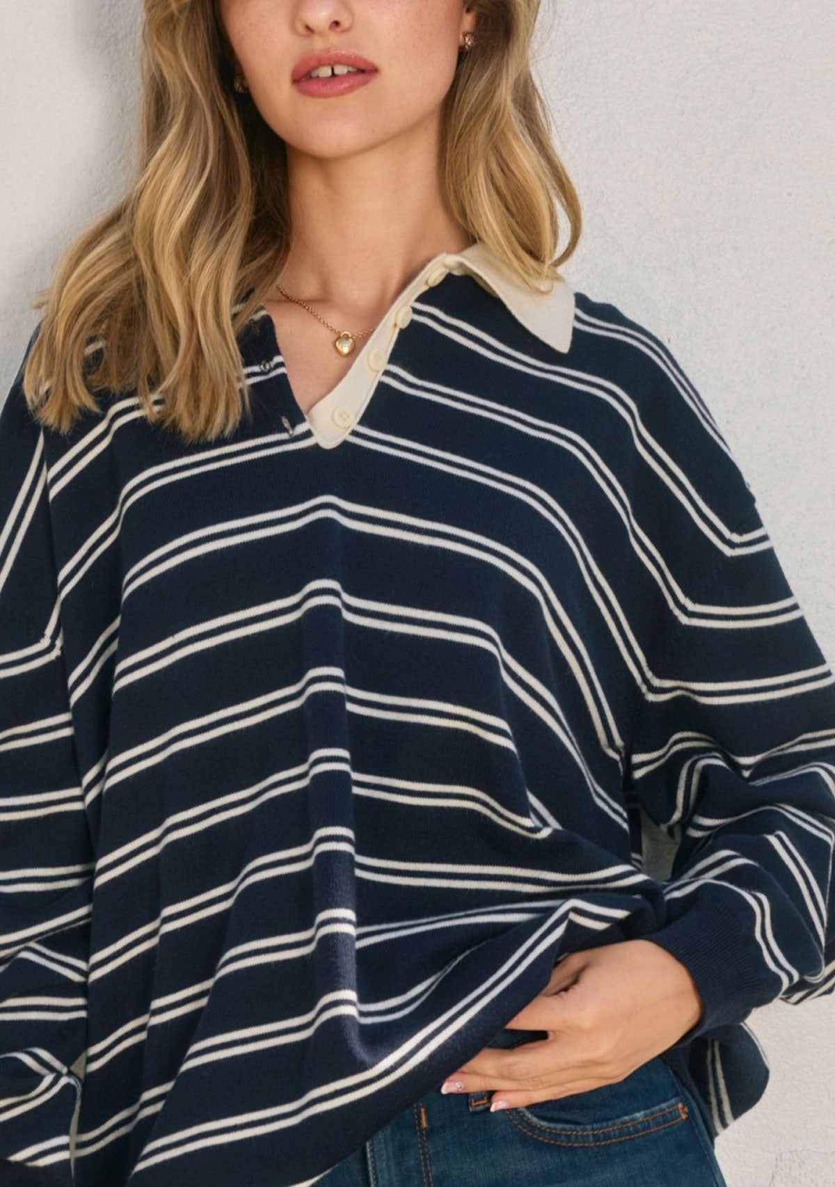 Bear Lodge Striped Oversized Polo Sweater Navy/Ivory