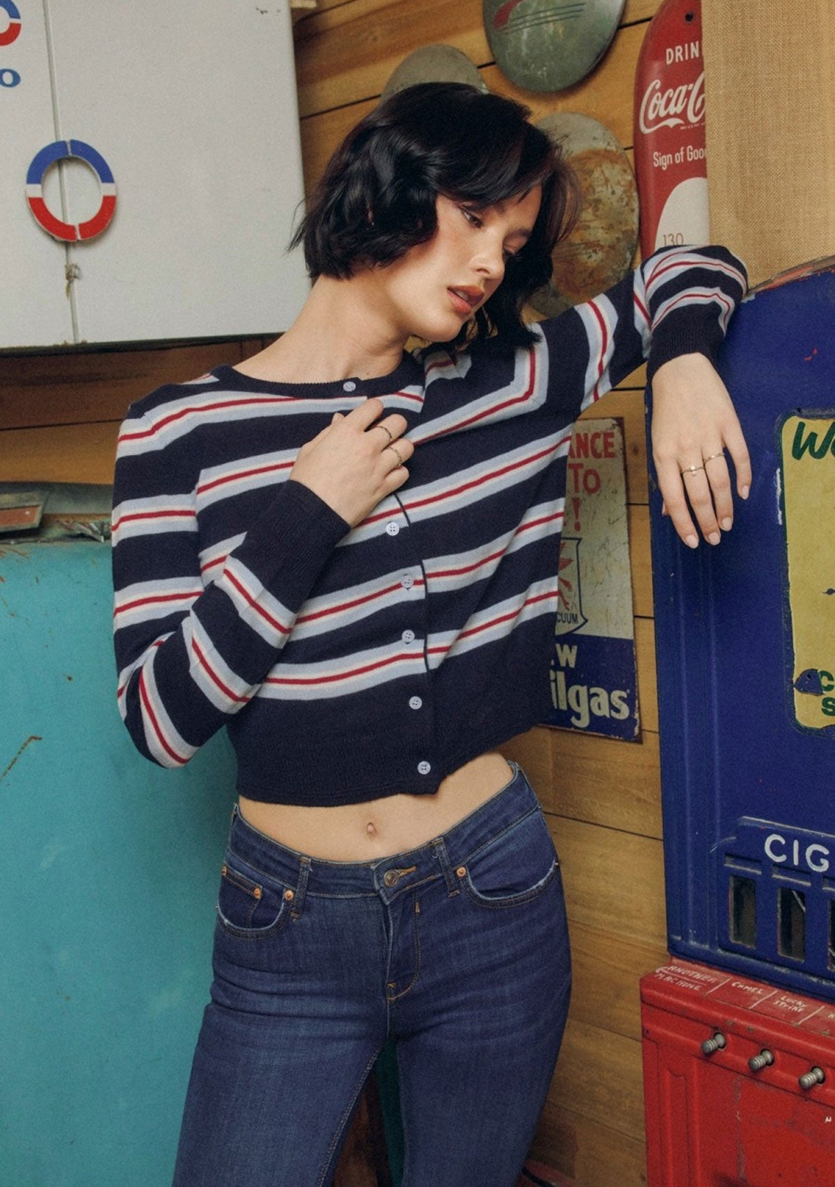 Skyline Striped Button Down Cardigan Navy/Red
