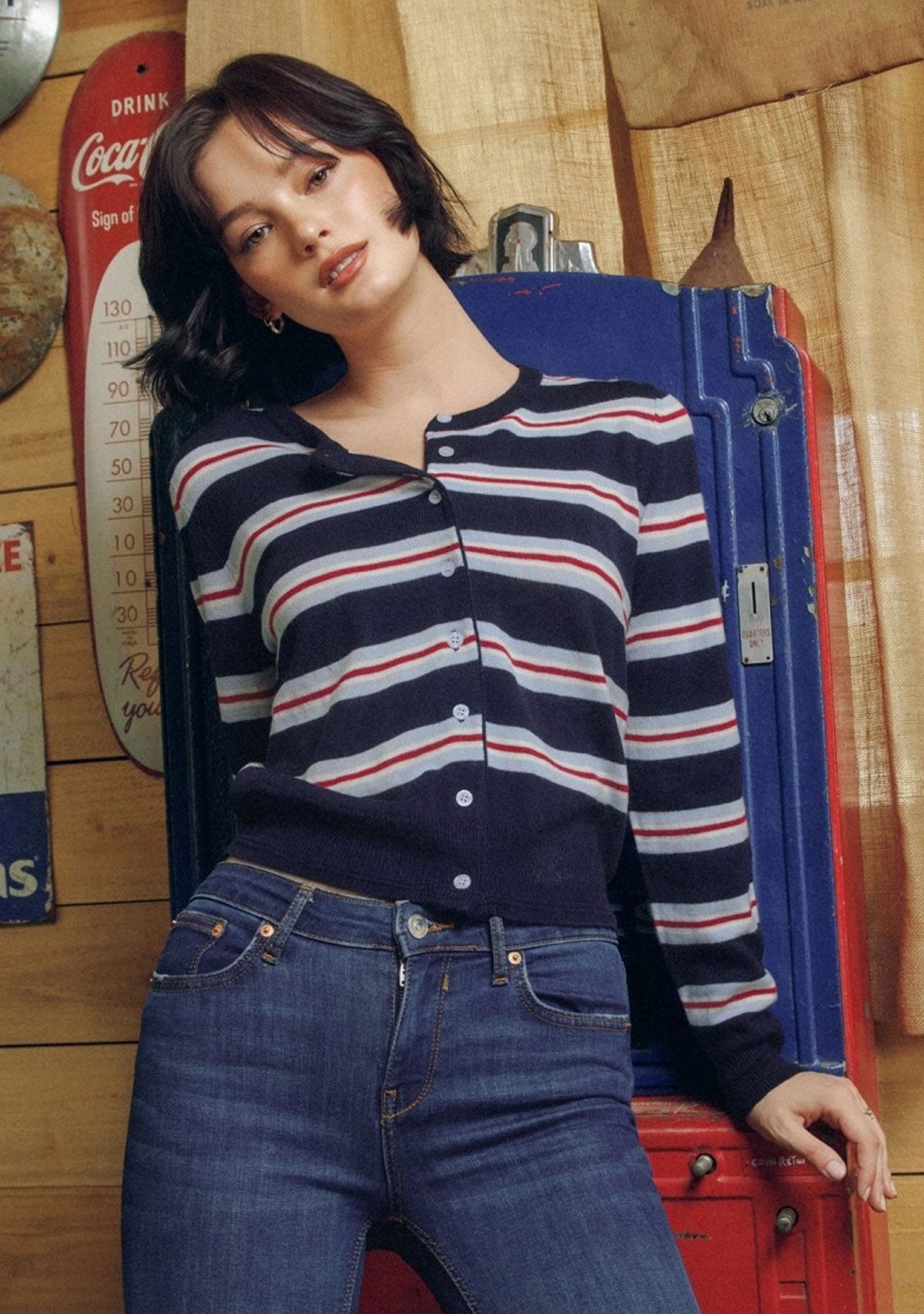 Skyline Striped Button Down Cardigan Navy/Red
