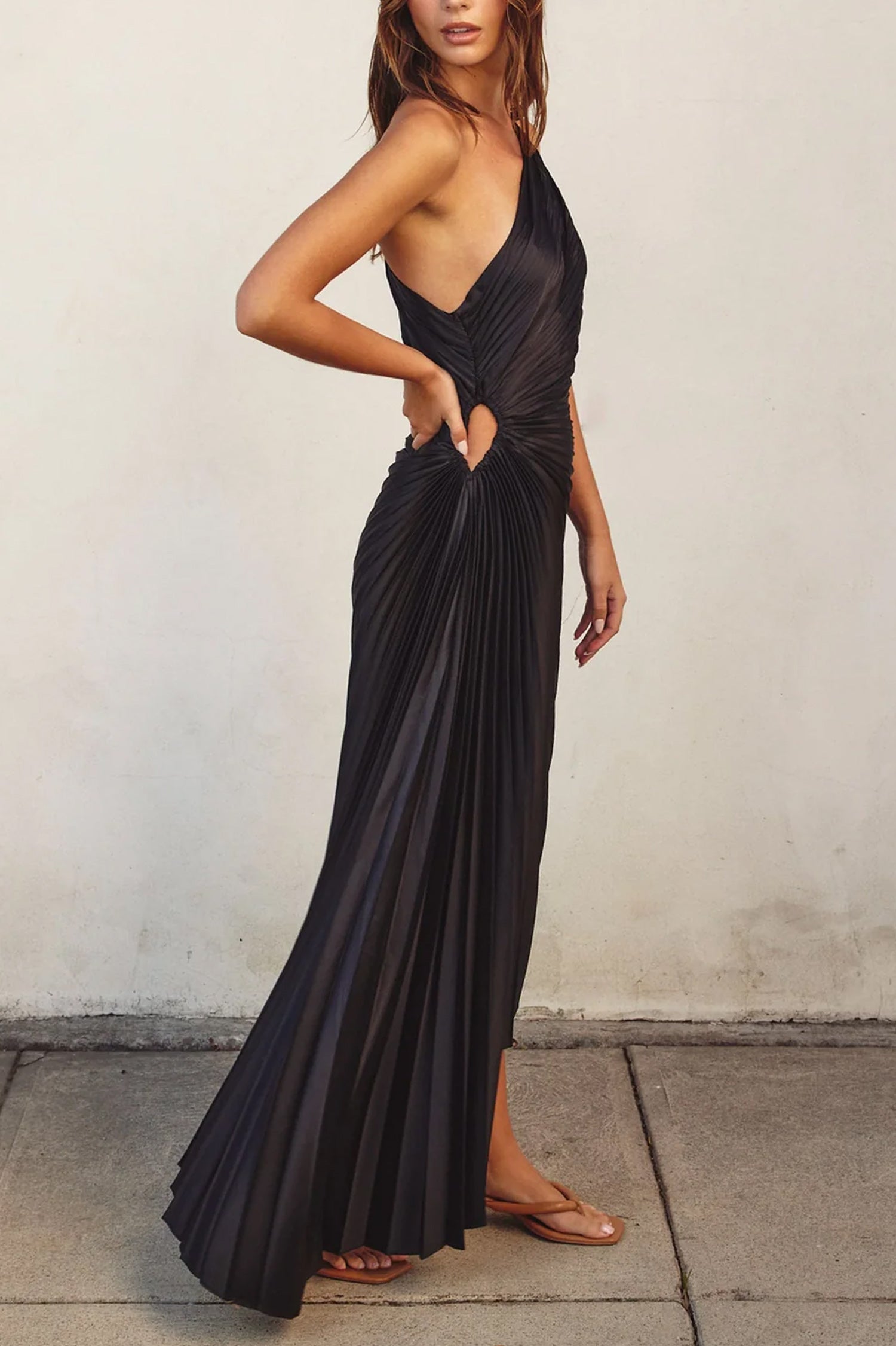 Olympia Asymmetrical Pleated Maxi Dress