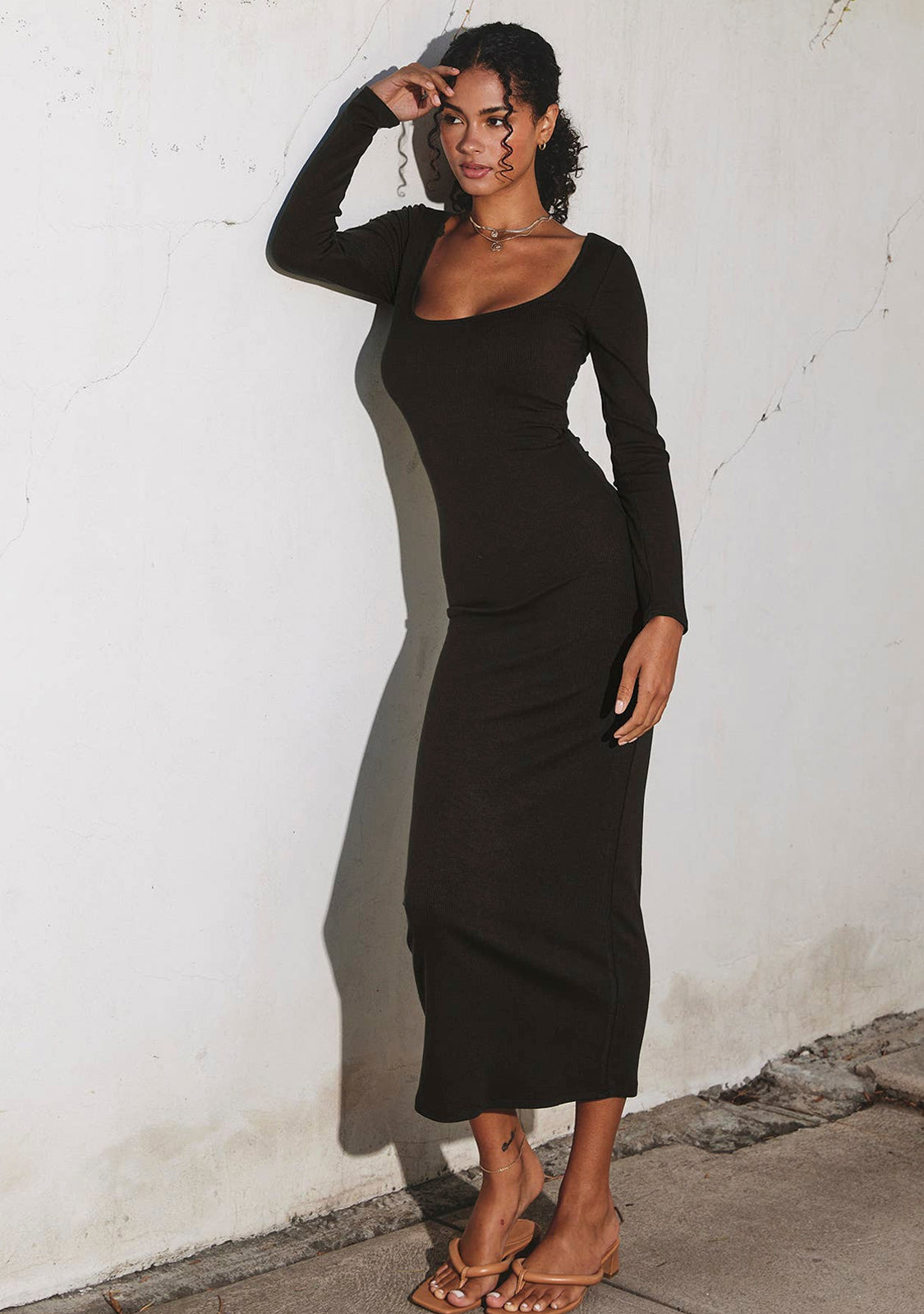 Ribbed Knit Square Neck Midi Dress