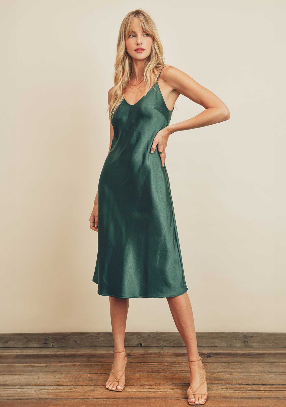 Spaghetti Strap Midi Dress Pine Large at The Latest Scoop