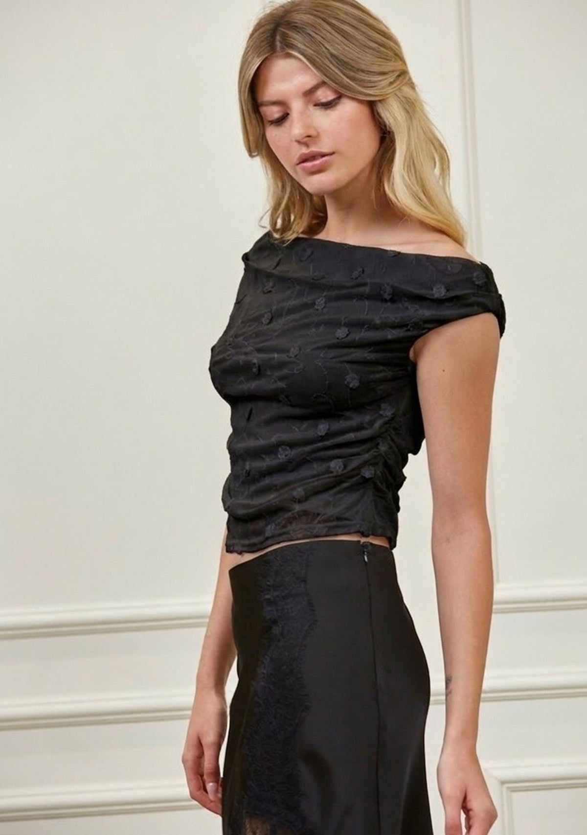 Off Shoulder Ruched Textured Knit Top Black