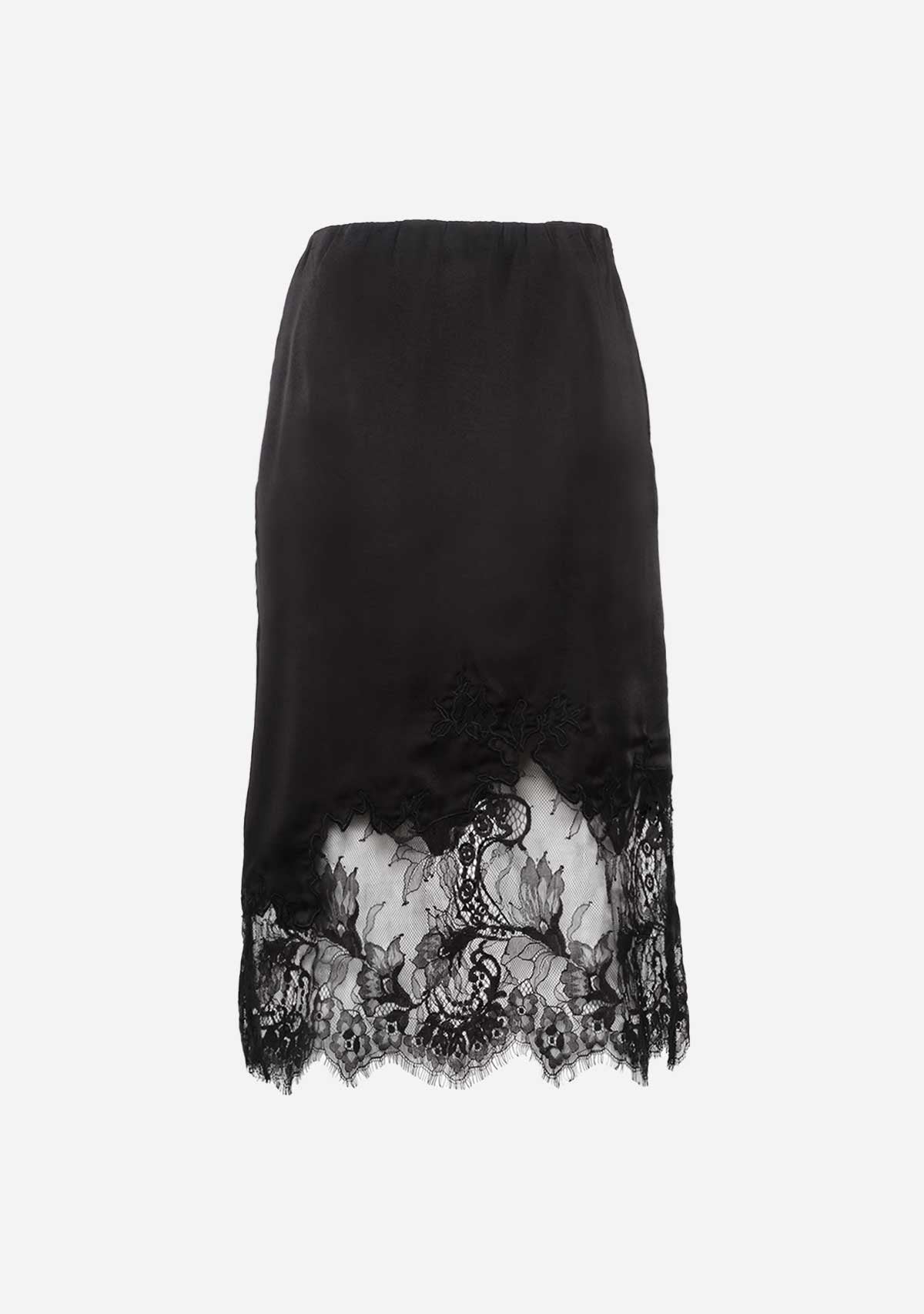 Scalloped Lace Embroided Satin Midi Skirt