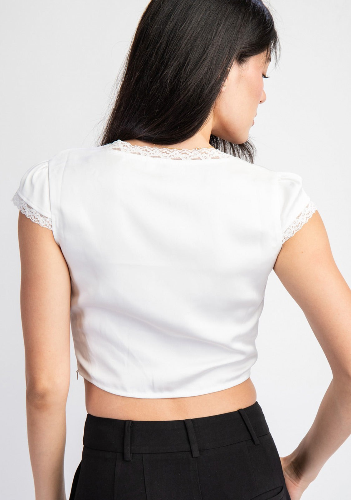 Cap Sleeves Satin Crop Top With Edge Lace