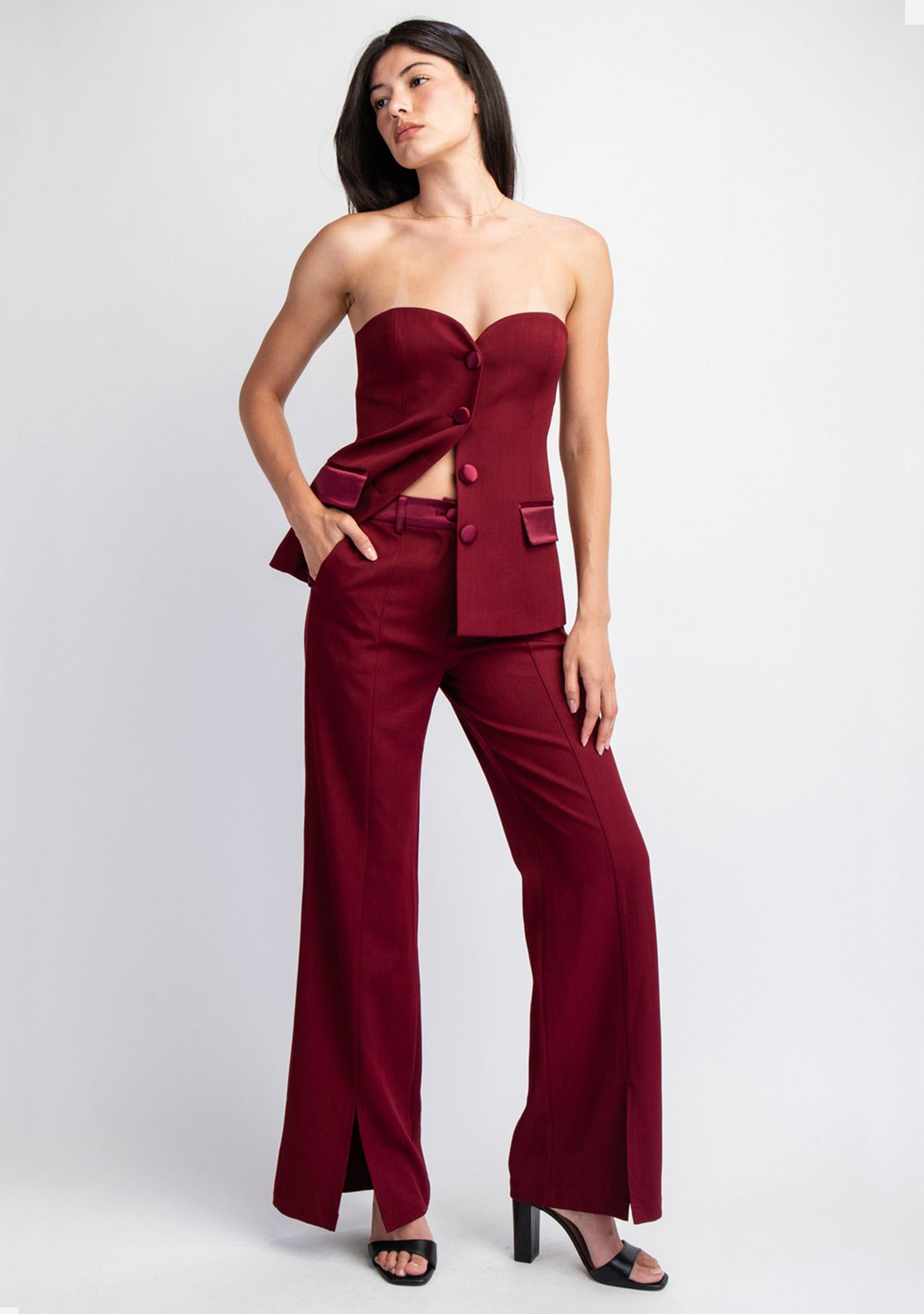 Woven Tailored Pants With Satin Contrast Insert