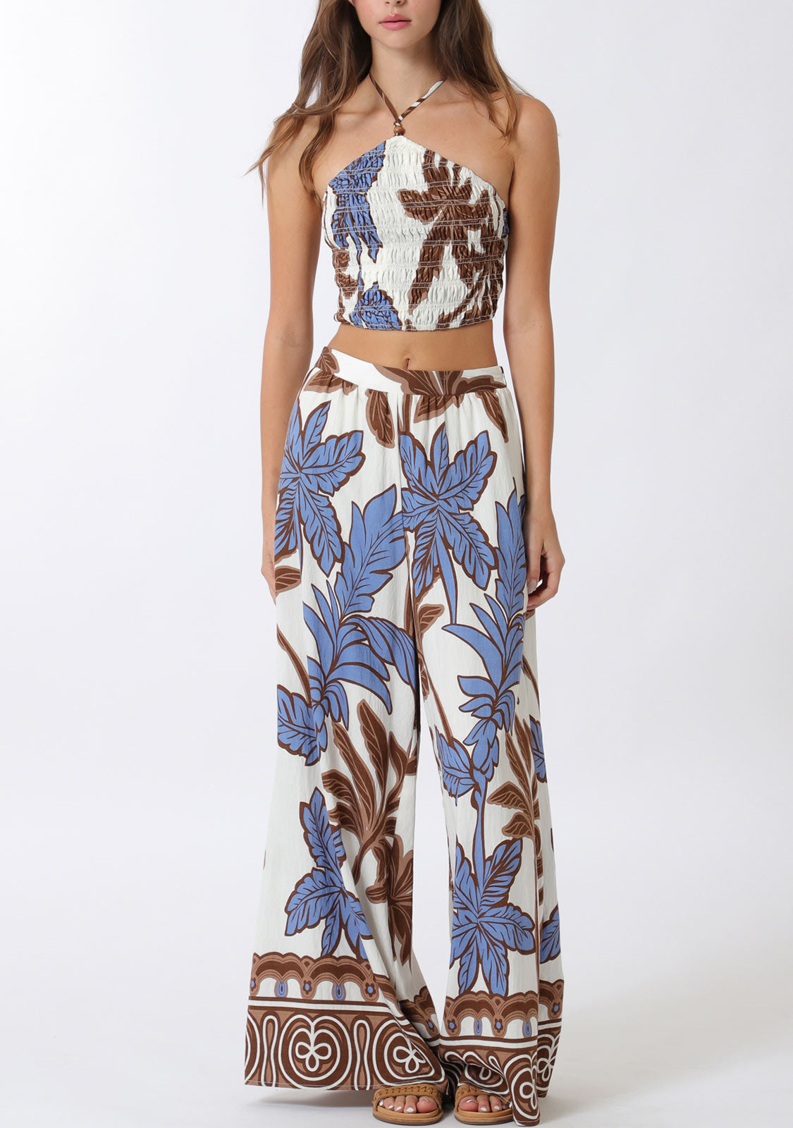 Elastic Smocked Halter Top And Long Pants Set Ivory/Brown