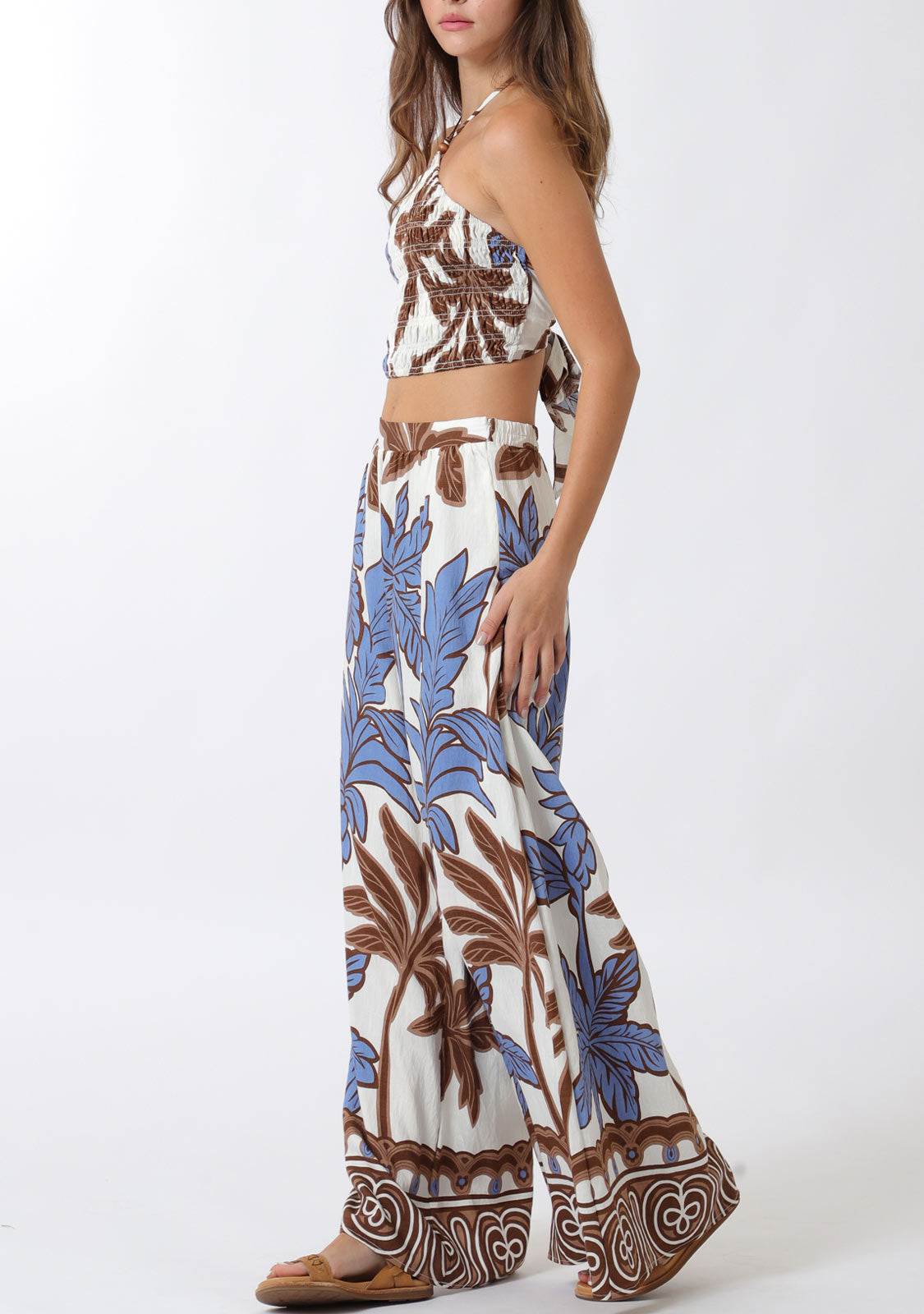 Elastic Smocked Halter Top And Long Pants Set Ivory/Brown