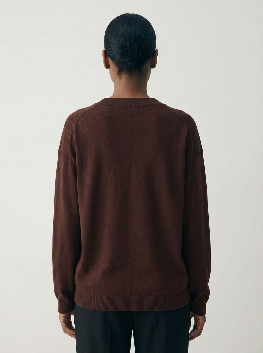 Pull Elizabeth à manches longues et col en V marron chocolat 