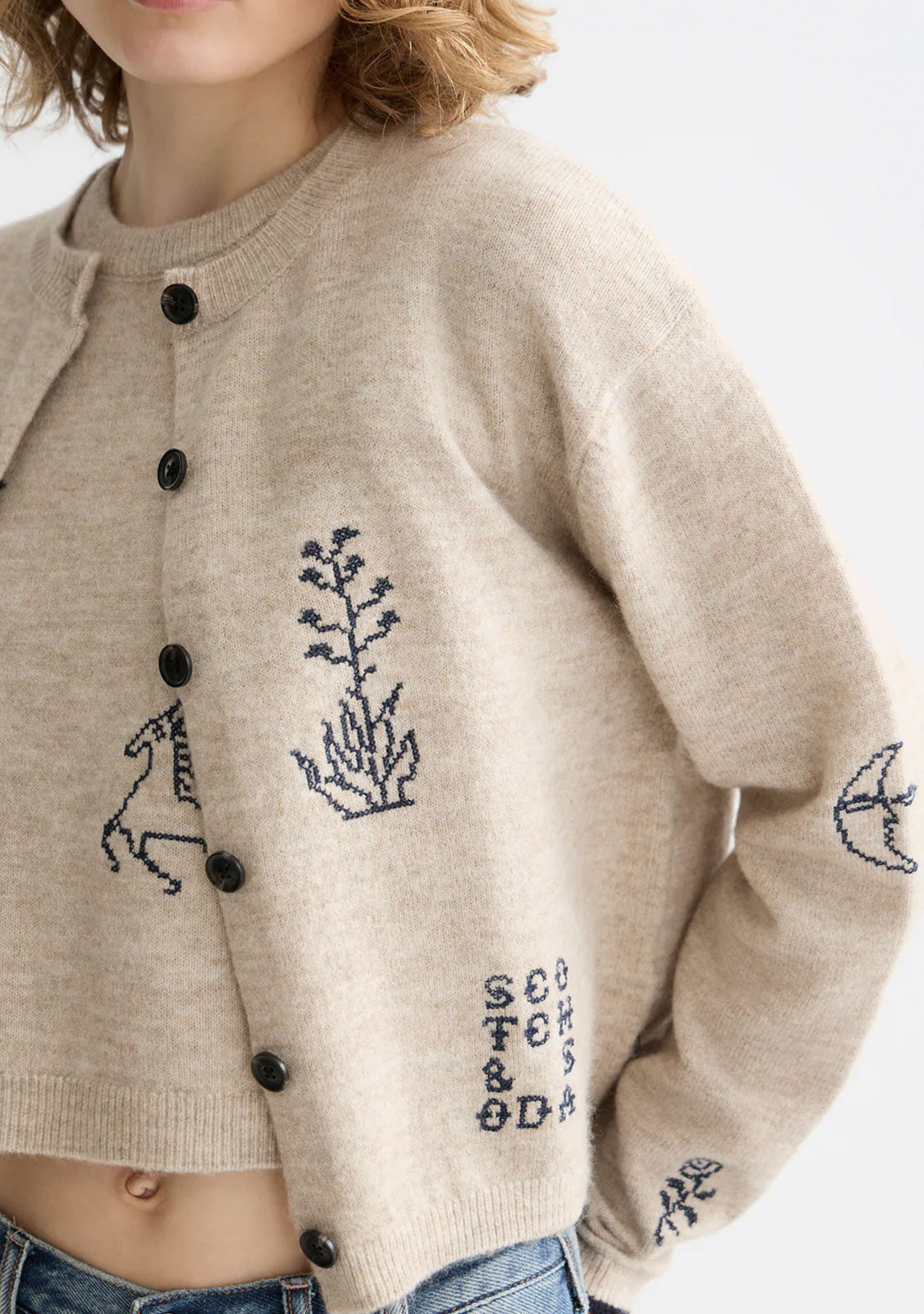 Embroidered Crew Neck Cardigan Oatmeal  Melange