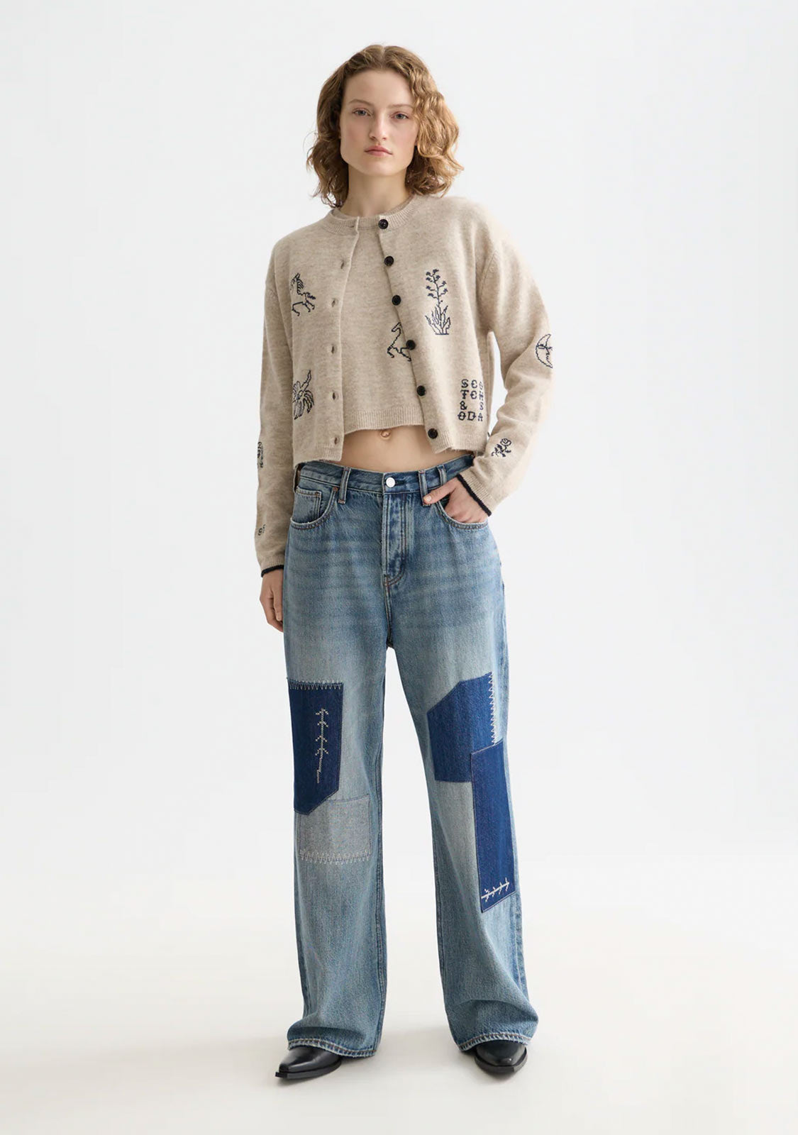 Embroidered Crew Neck Cardigan Oatmeal  Melange