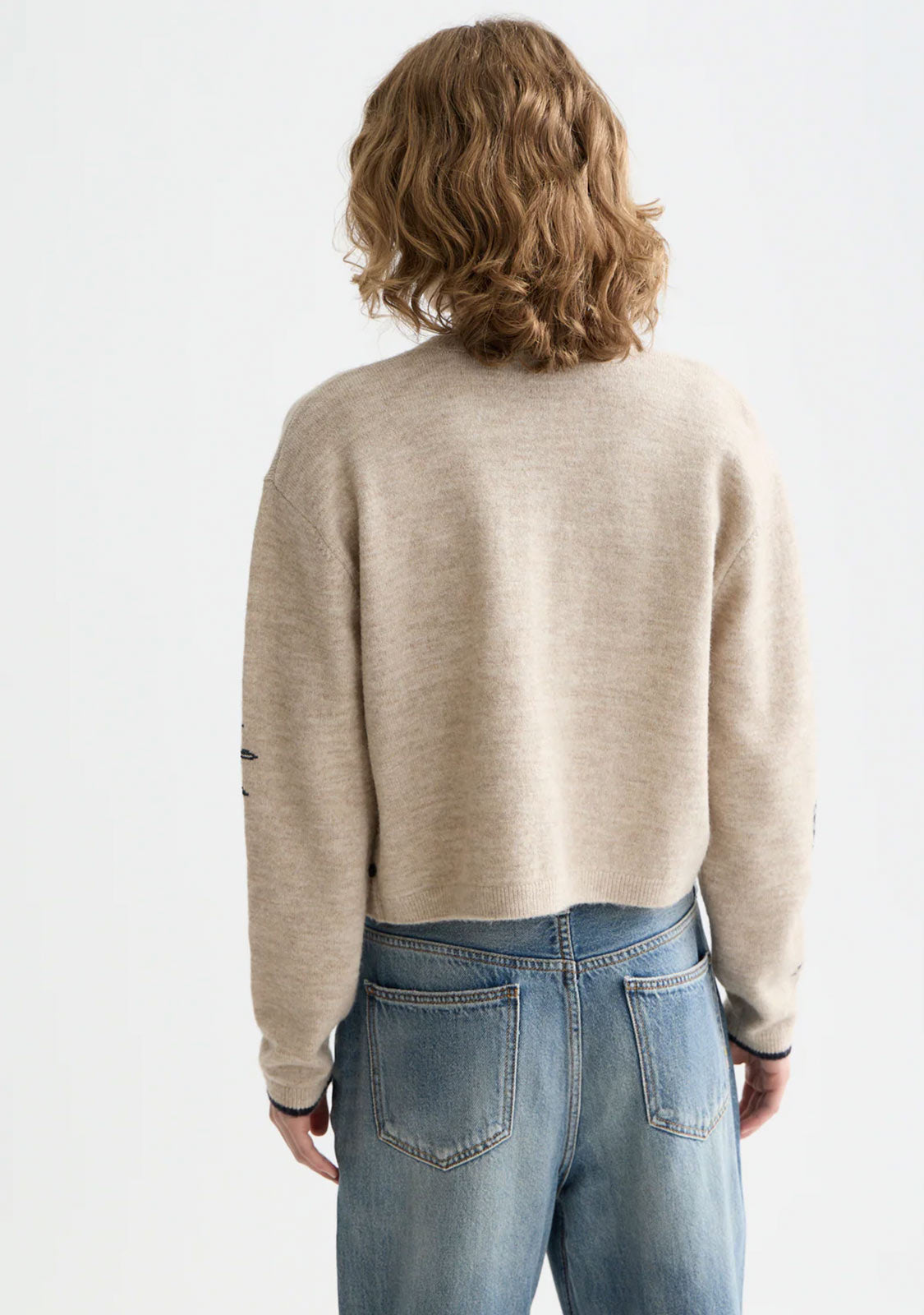 Embroidered Crew Neck Cardigan Oatmeal  Melange