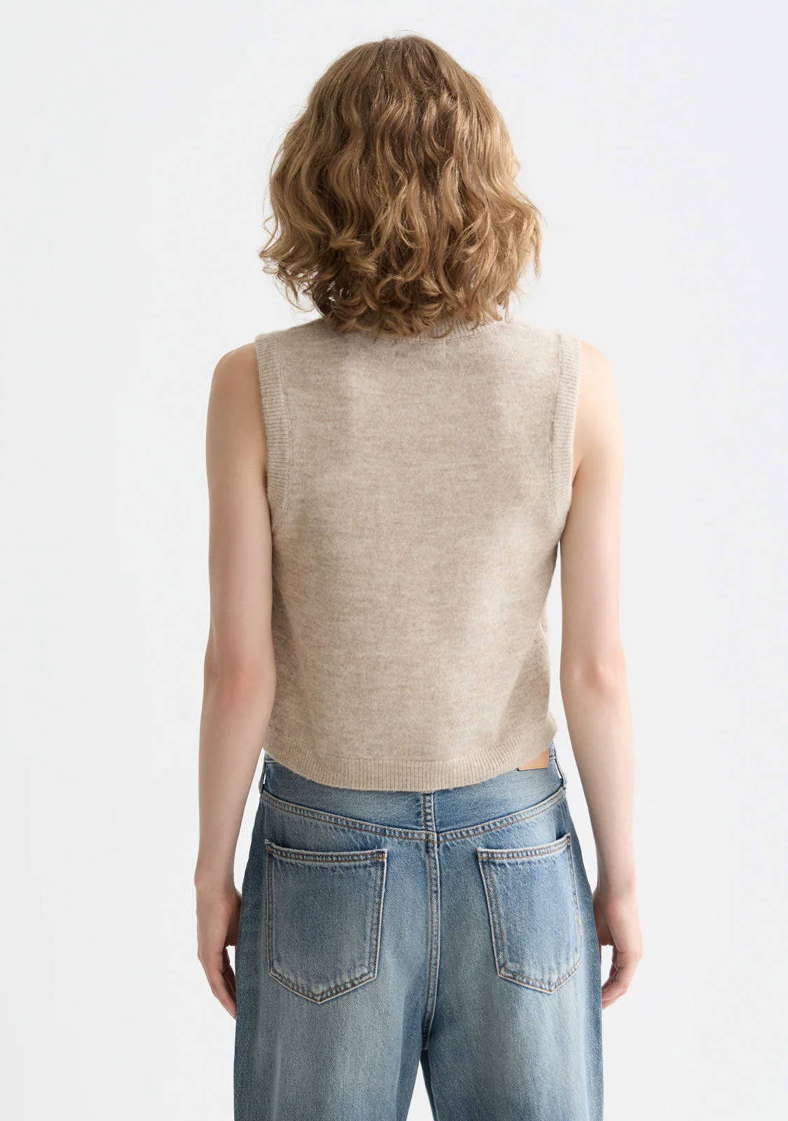 Embroidered Crew Neck Knitted Vest Oatmeal  Melange