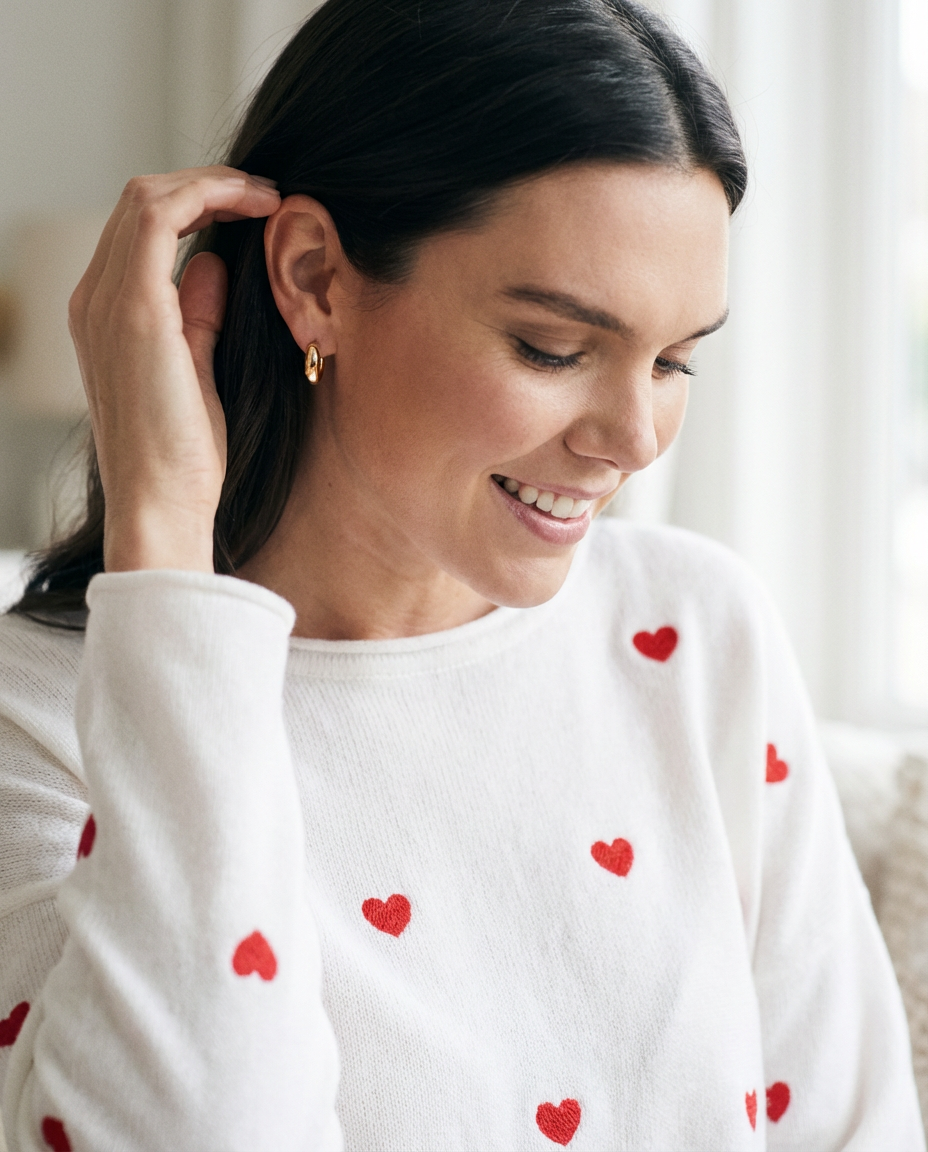Embroidered Confetti Hearts Valentine Sweater Top Ivory/Red