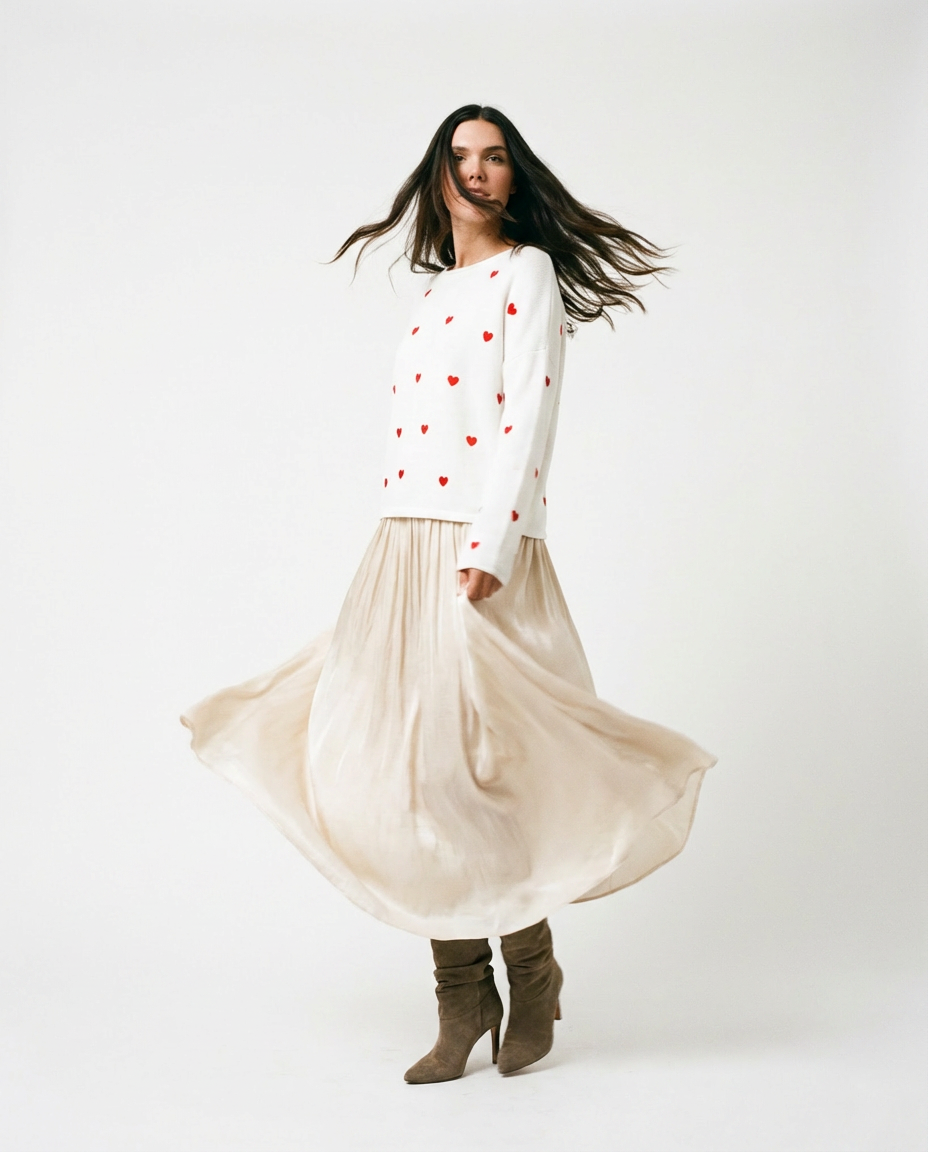 Embroidered Confetti Hearts Valentine Sweater Top Ivory/Red