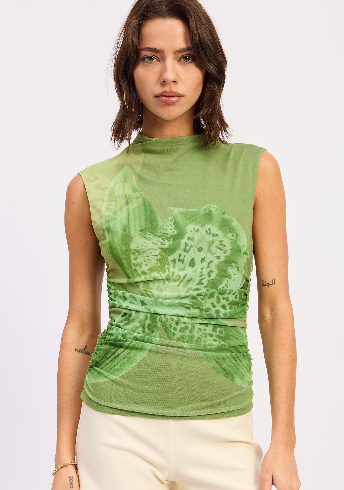 Drop Shoulder Mesh Top Green Floral