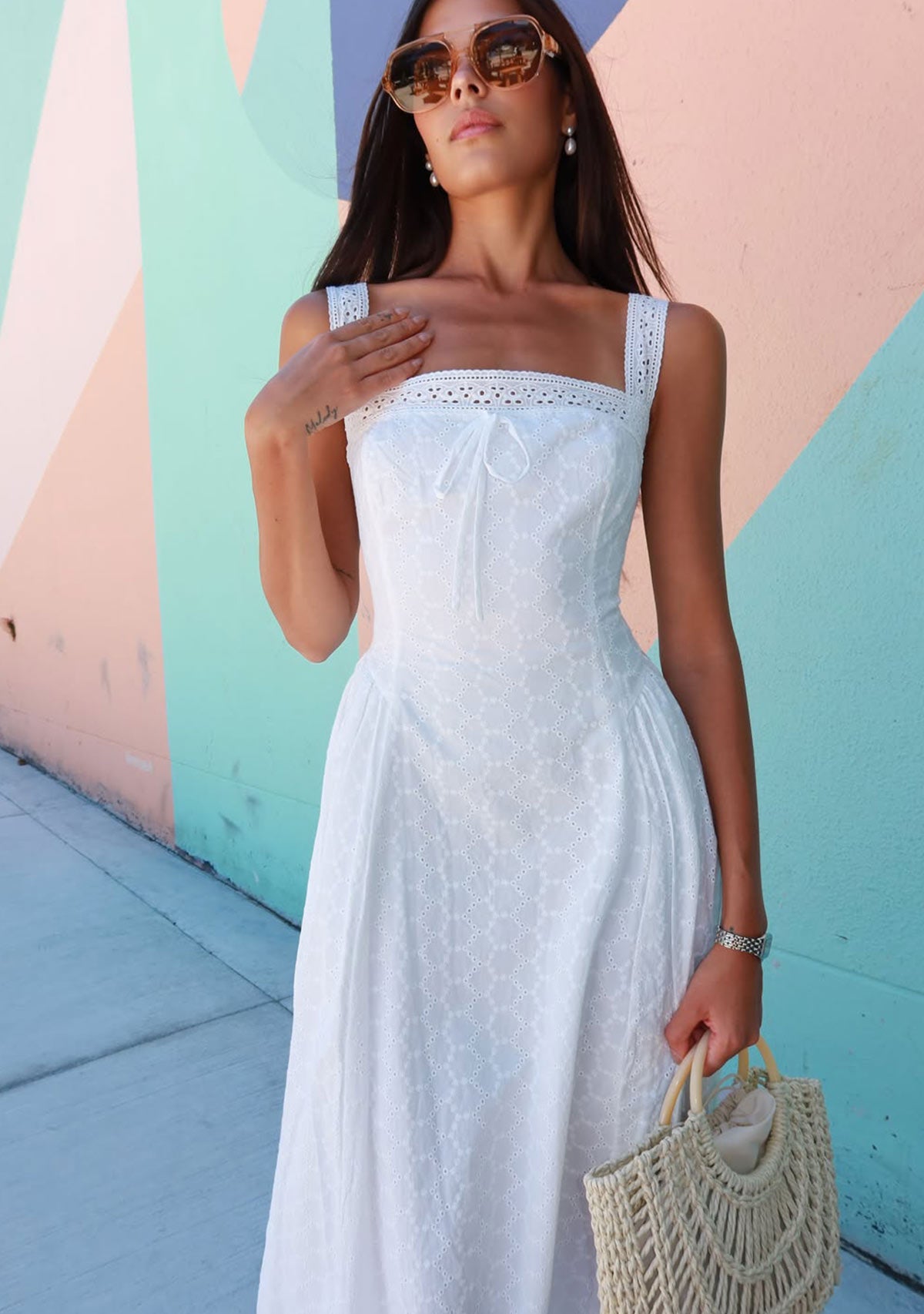 Eyelet Back Cross Strap Midi Dress Off White