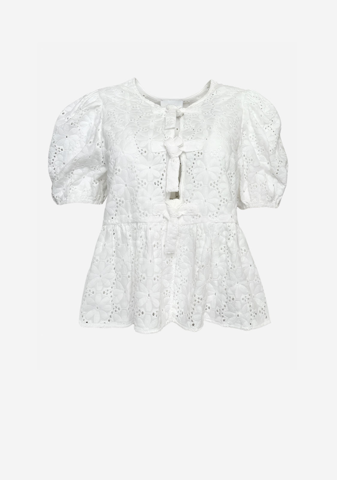 Eyelet Puff Sleeve Bottom Ruffle Front Tie Top Off White