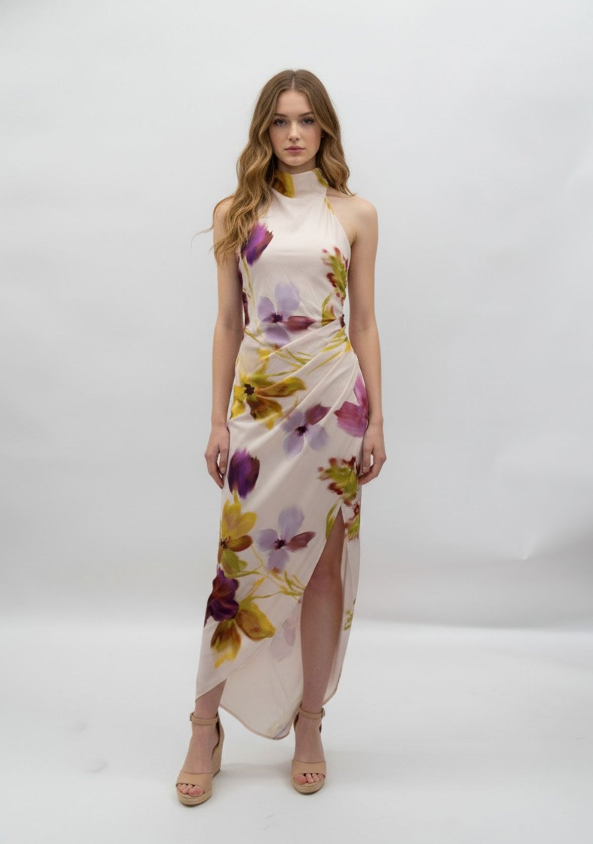 Halter Low Back Asymmetric Maxi Dress Cream Floral