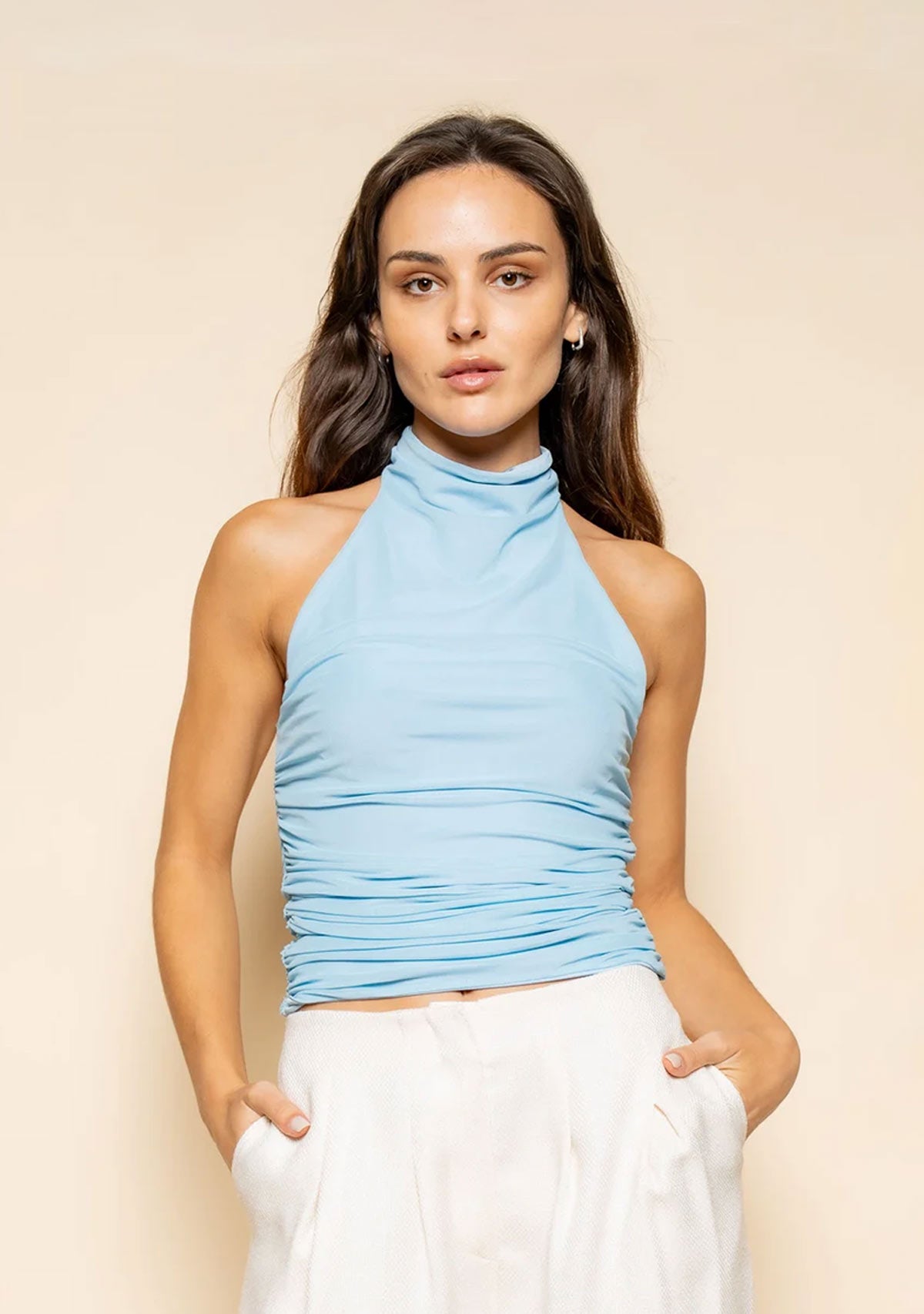 Halter Neck Ruching Top Baby Blue