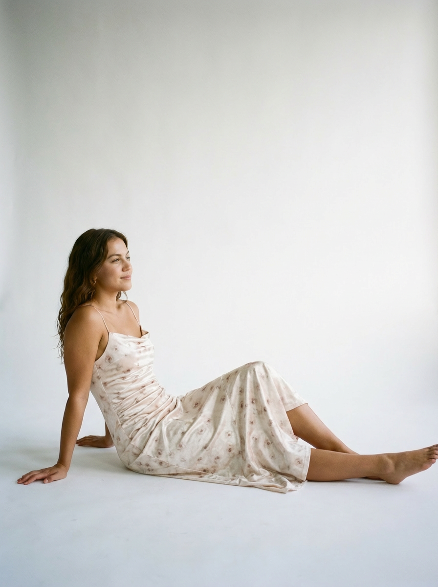 Floral Satin Midi Dress Beige