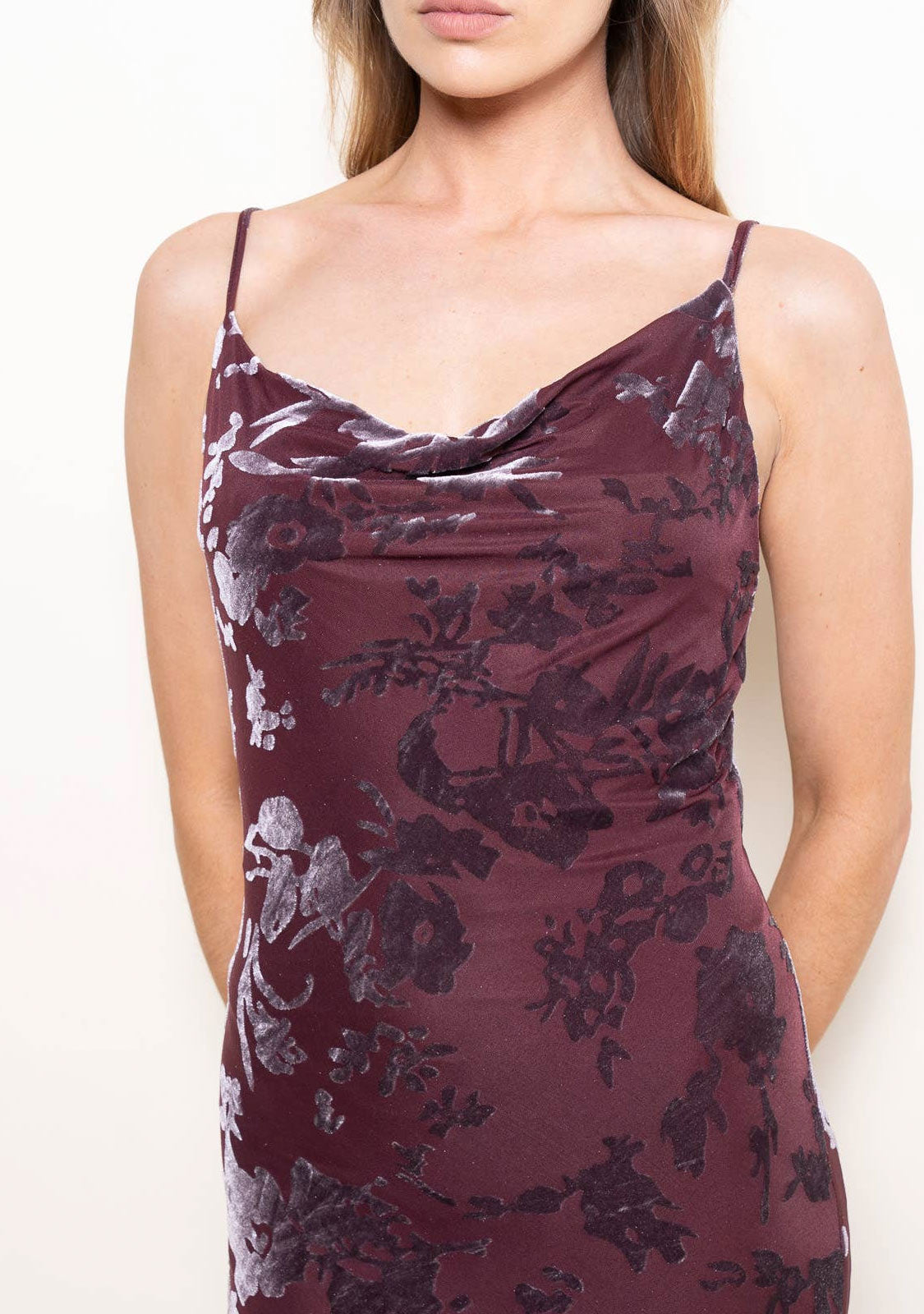 Cowl Neck Maxi Dress With Asymmetrical Mermaid Bottom Burgundy