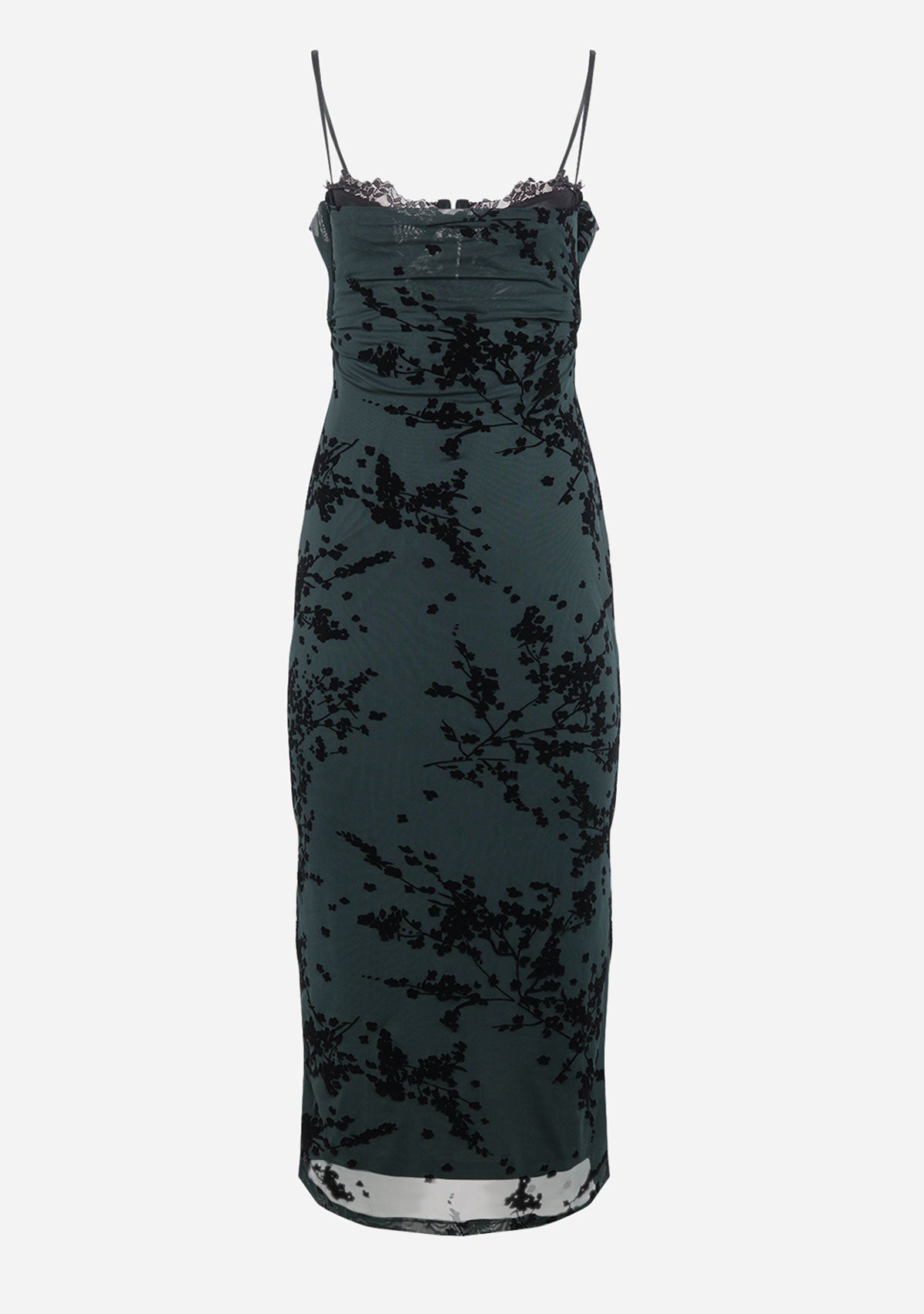 Spaghetti Bra Cup Mesh Velvet Burn Out Midi Dress Spruce/Black