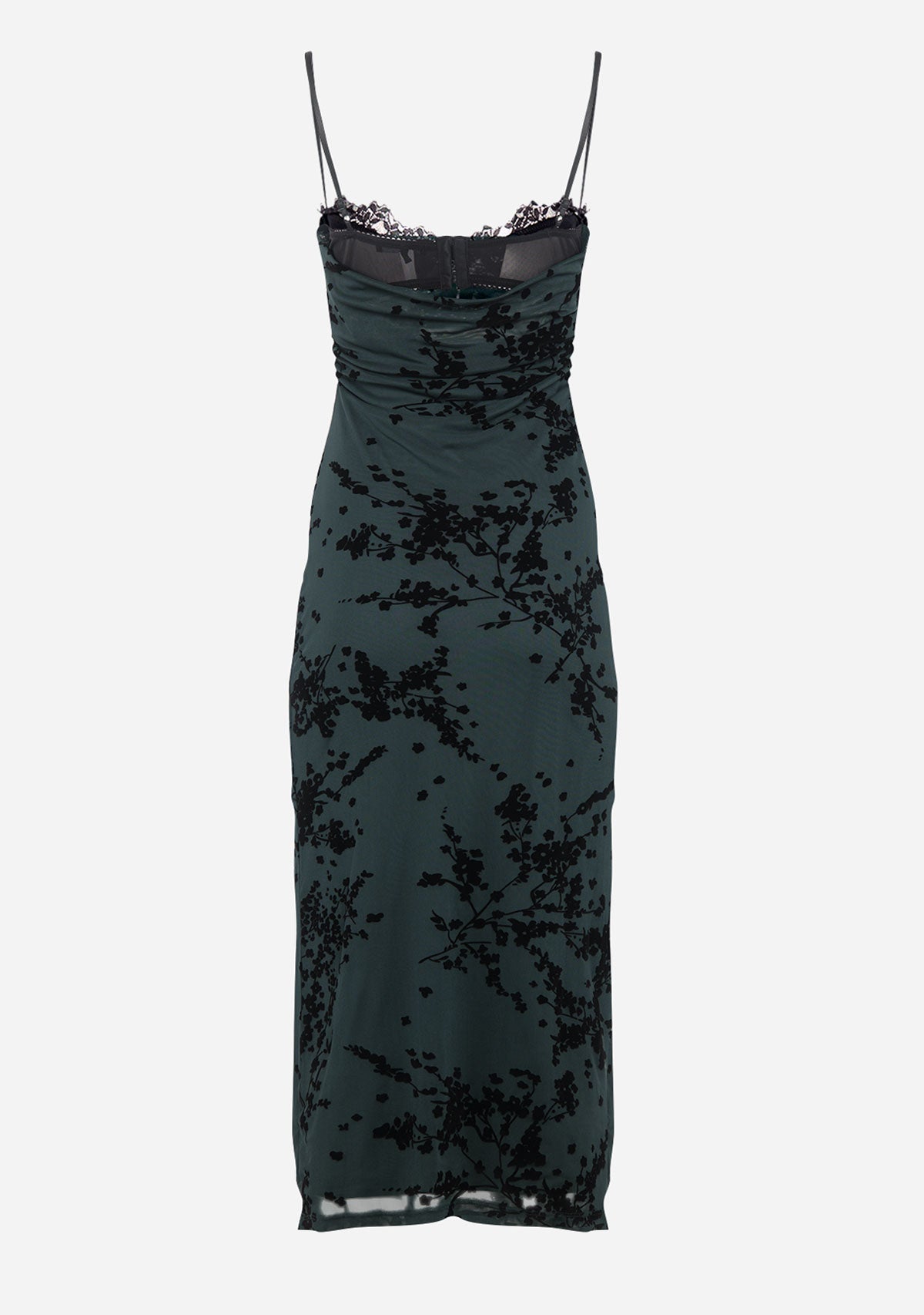 Spaghetti Bra Cup Mesh Velvet Burn Out Midi Dress Spruce/Black